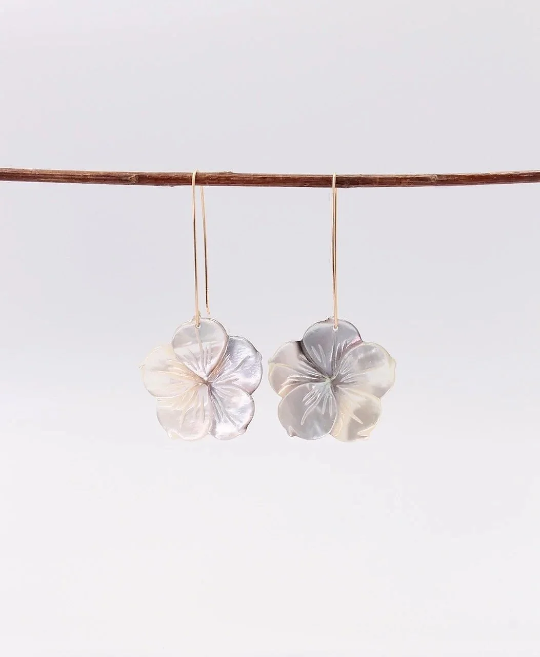 Mother of pearl plumeria flower charm earrings with gold-filled ear wires, tropical floral jewelry