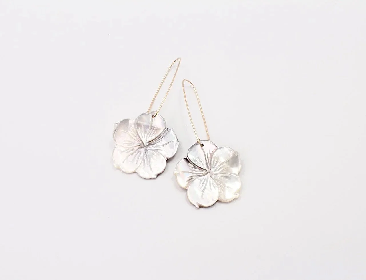 Mother of pearl plumeria flower charm earrings with gold-filled ear wires, tropical floral jewelry