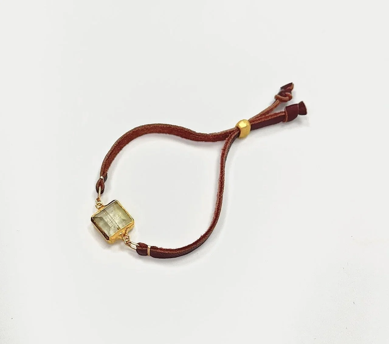 Vermeil bezeled square crystal quartz bracelet on burgundy leather with pull clasp