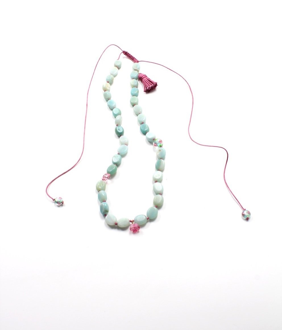Amazonite necklace hand-knotted on pink Chinese cord with glass flowers, Swarovski crystal butterfly, and tassel with adjustable pull closure.