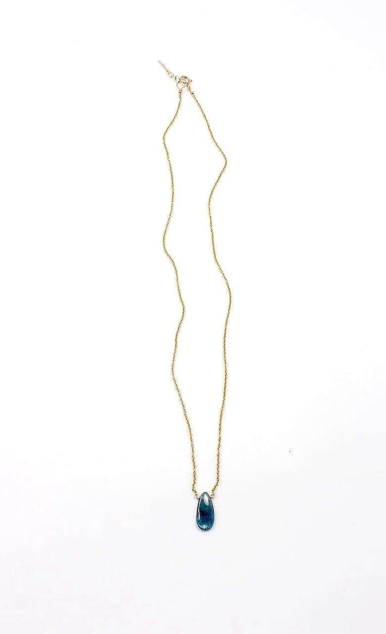 moss kyanite gemstone necklace on a delicate gold-filled chain with clasp, minimalist jewelry design