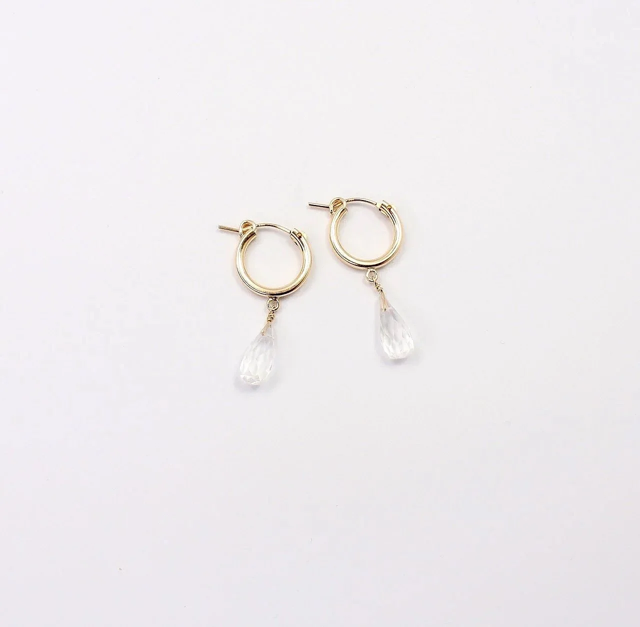 Crystal quartz briolette earrings on gold-filled hoops, clear faceted gemstone jewelry