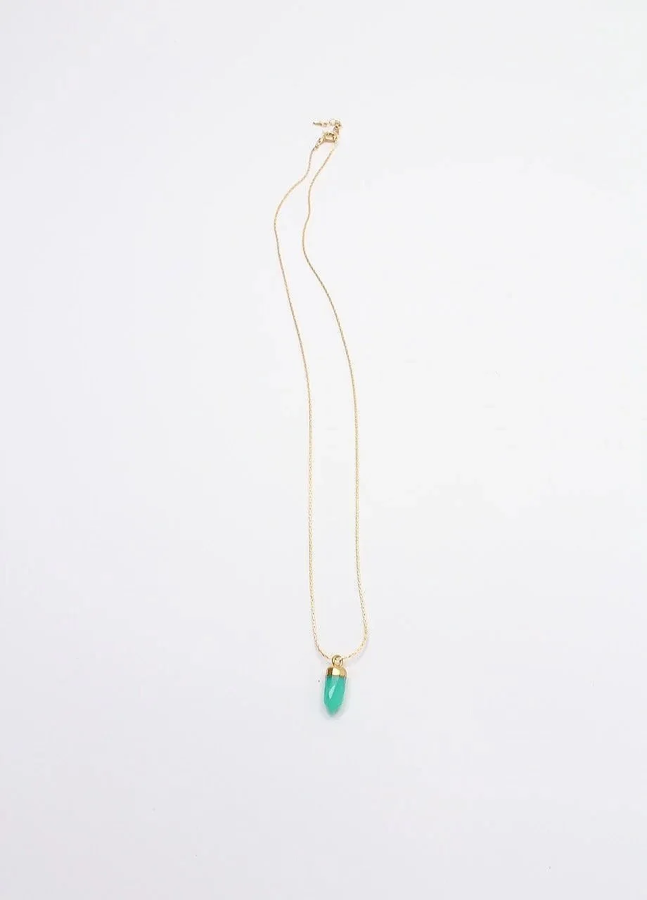 Chrysoprase point pendant with vermeil bezel on a gold-filled chain necklace.