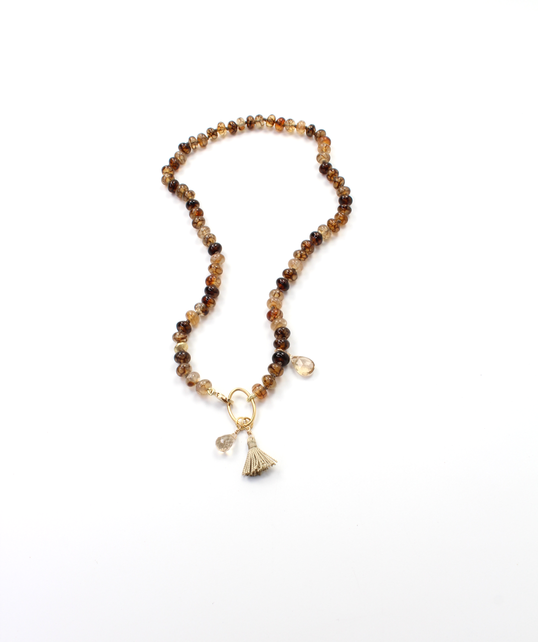 Knotted dendritic agate necklace with champagne citrine, gold clasp, and gold silk tassel