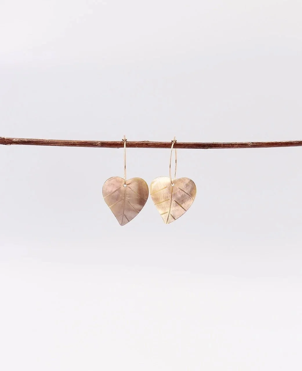 Mother of pearl heart leaf earrings on gold-filled hoops, romantic nature-inspired jewelry
