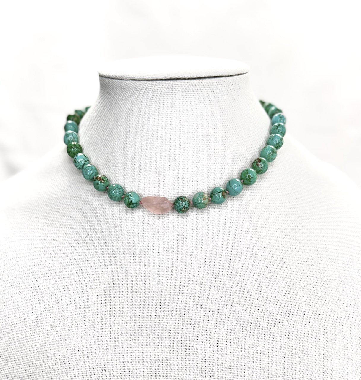 Handmade howlite necklace with rose quartz and sterling silver clasp