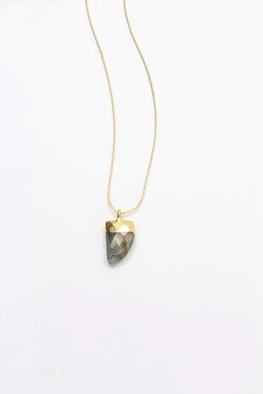 Shark tooth labradorite pendant with vermeil bezel on a gold-filled chain necklace.