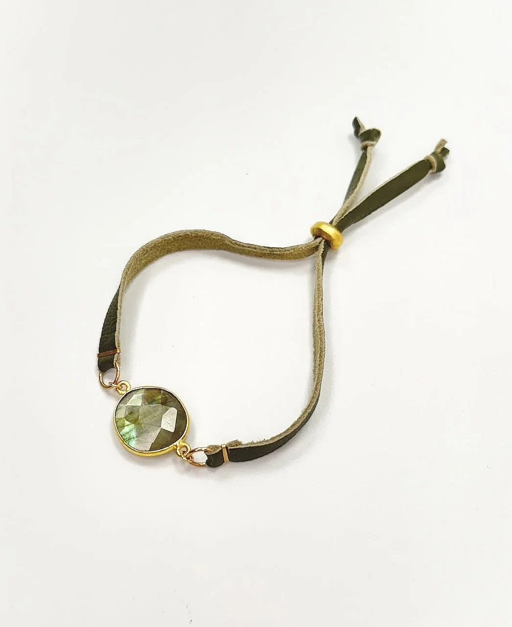 Vermeil bezeled labradorite bracelet on green leather with vermeil pull clasp