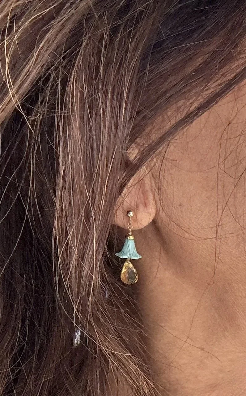 Blue flower earrings with citrine gemstones on gold-filled posts, floral gemstone jewelry