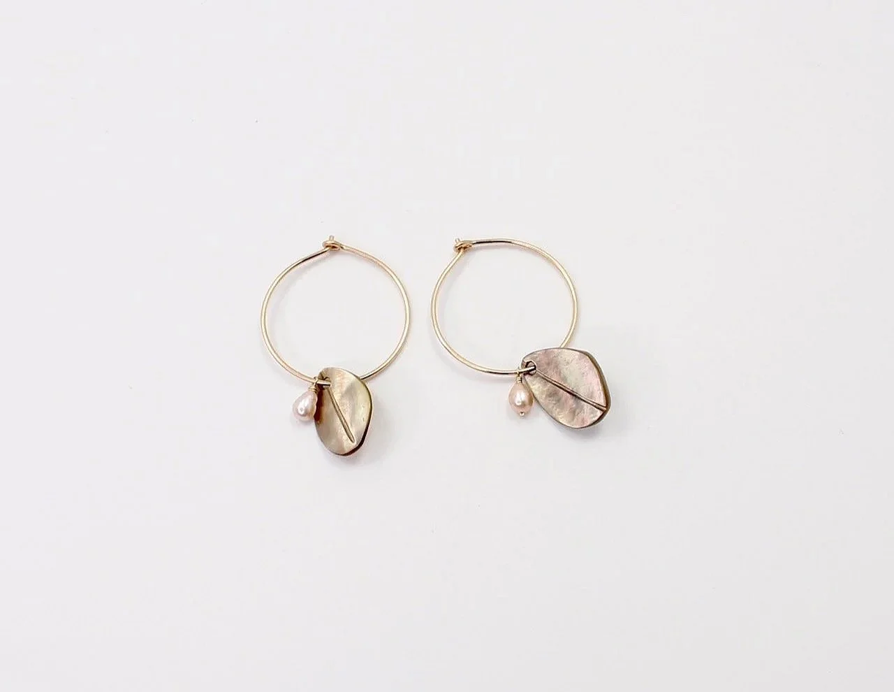 Mother of pearl leaf earrings with pearl accents on gold-filled hoops, nature-inspired jewelry design