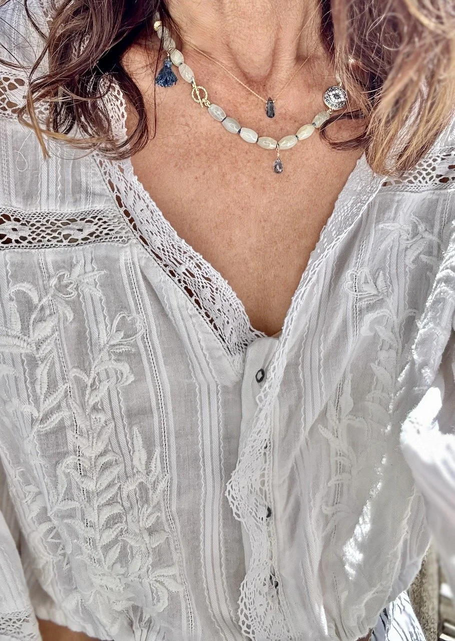 London topaz gemstone necklace on a delicate gold-filled chain with clasp, minimalist jewelry design