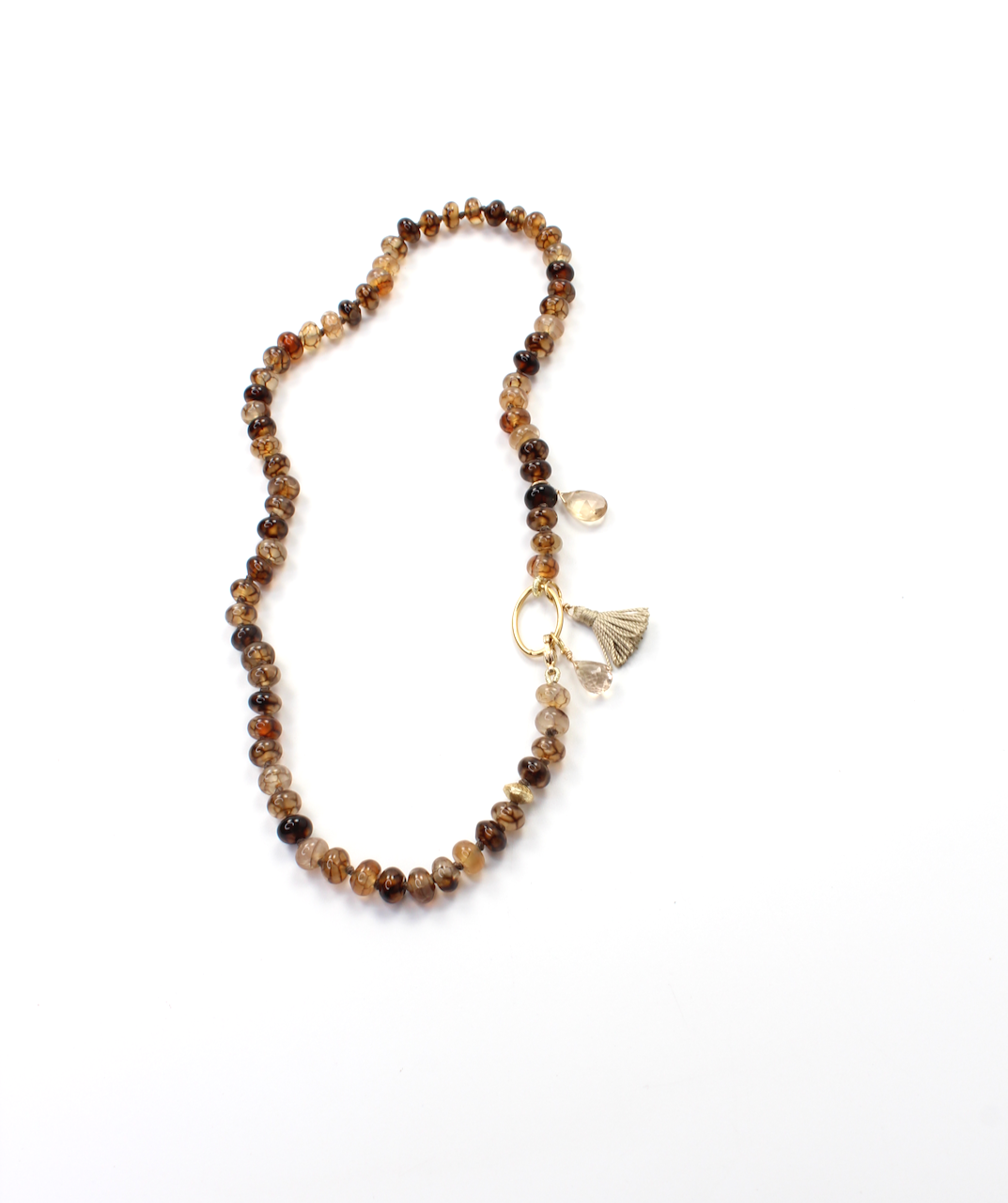 Knotted dendritic agate necklace with champagne citrine, gold clasp, and gold silk tassel