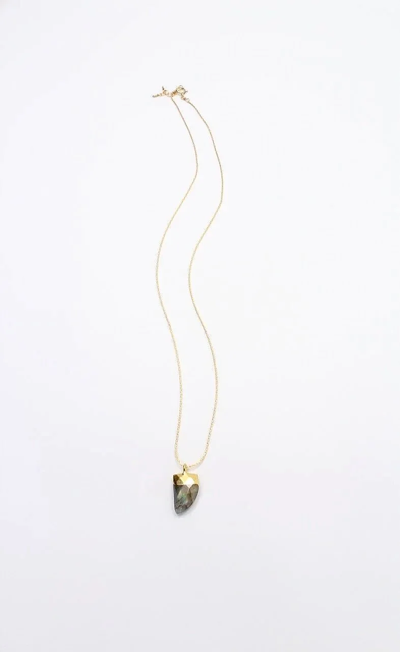Shark tooth labradorite pendant with vermeil bezel on a gold-filled chain necklace.