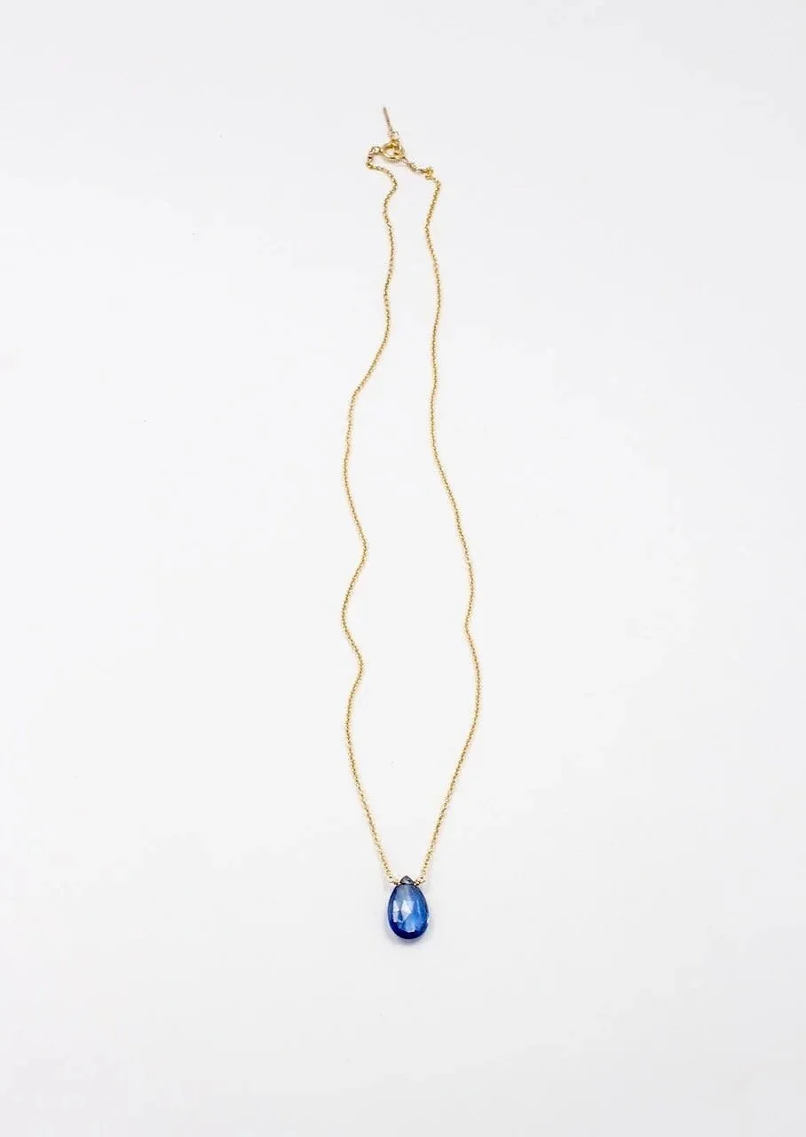 kyanite gemstone necklace on a delicate gold-filled chain with clasp, minimalist jewelry design