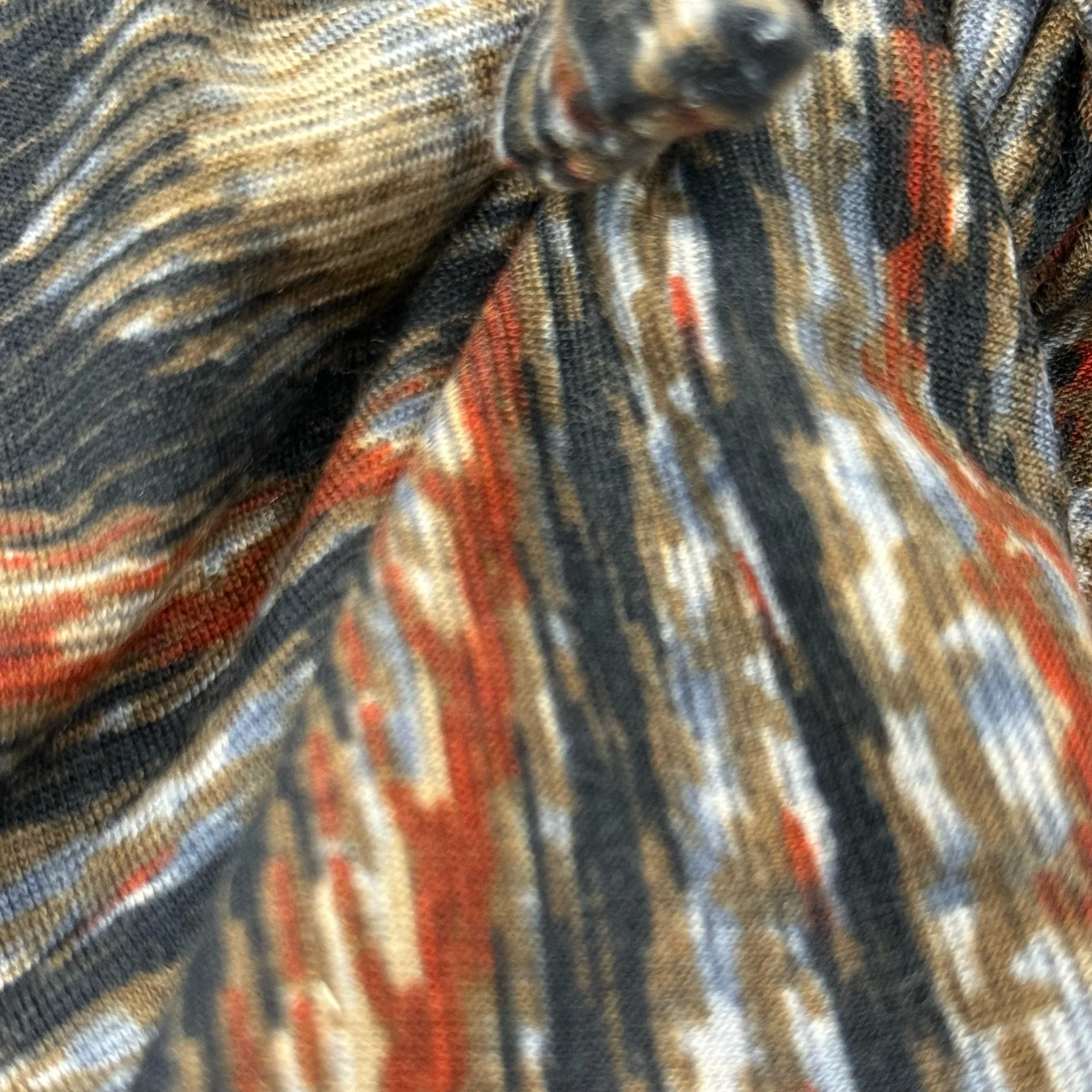 Adjustable muted wood grain stretch  fabric headband with colorful printed design, handmade by Seams by Sarah