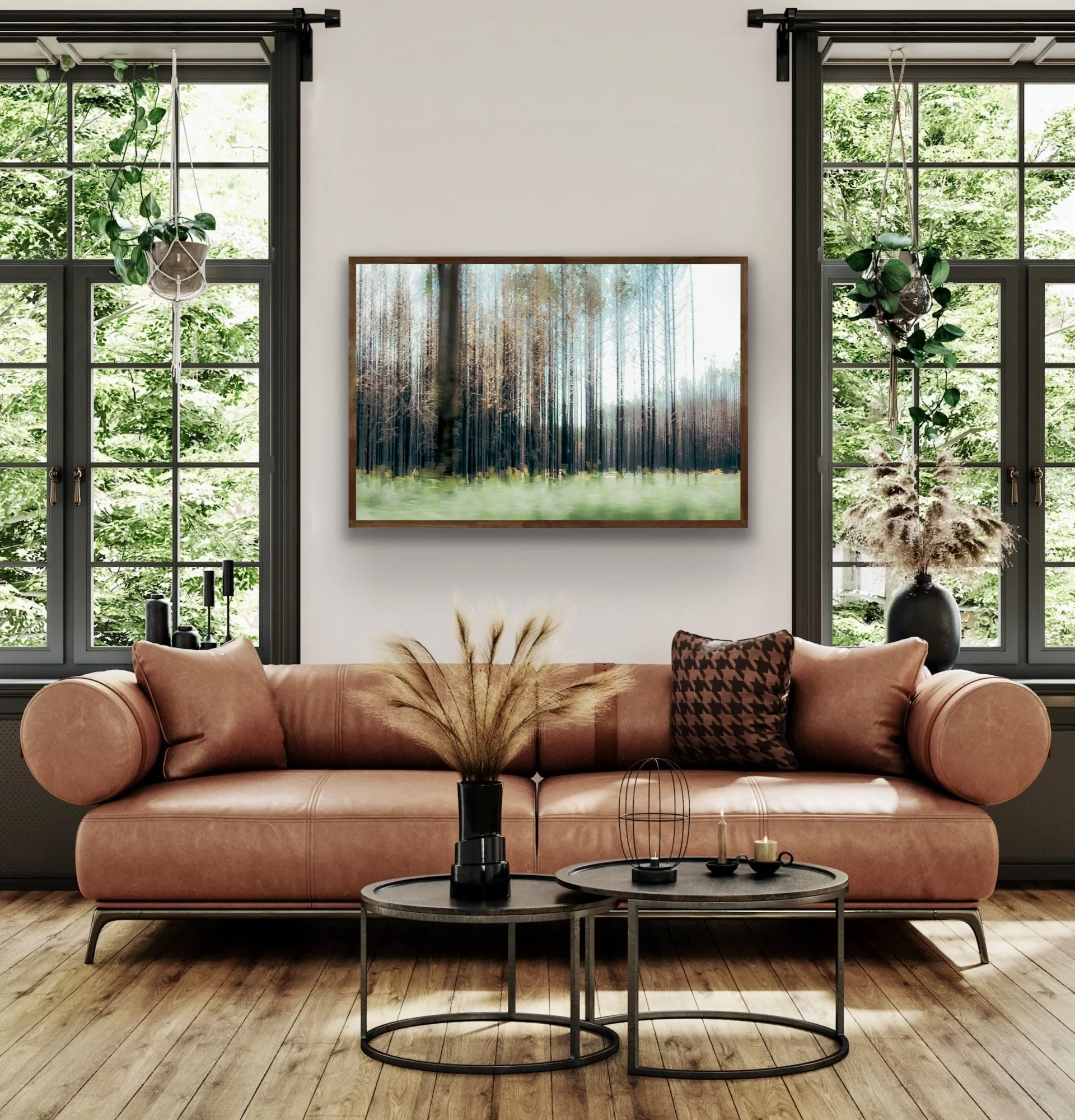 abstract photo framed wall art blurred trees abstract off white wall traditional interior terracotta leather couch, black nesting tables timber floor loungeroom andia cally.jpg
