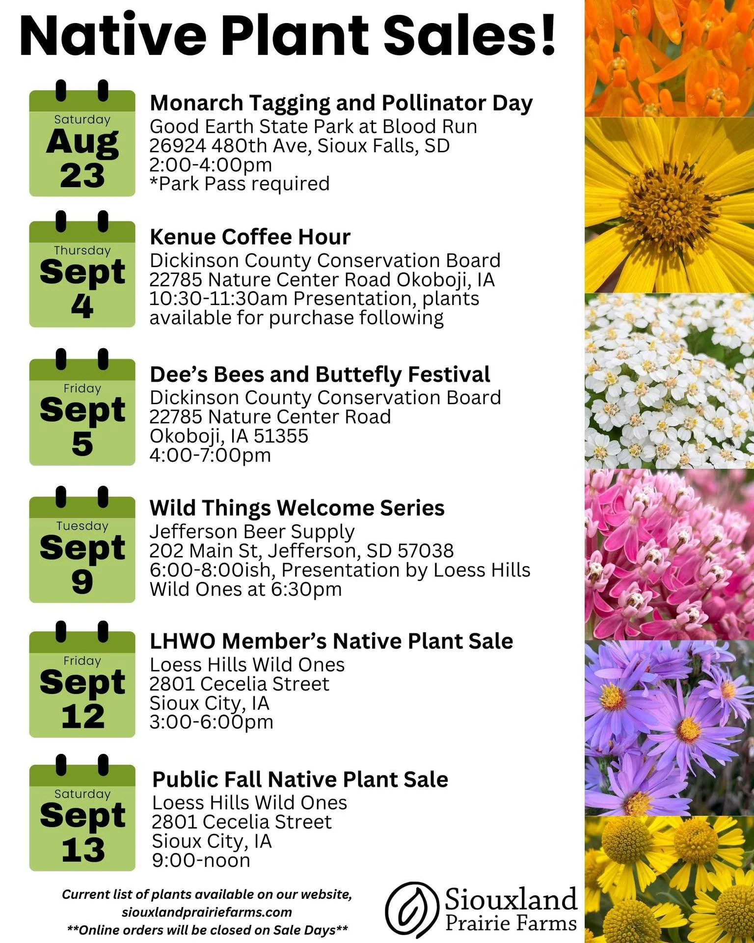 Mark your calendars! 
We have a great line up of native plant sales this fall!
Please help spread the word so we can get more native in the ground!
.
Check out our website for available plant species! 
#siouxlandprairiefarms #nativeplantsales #pollin