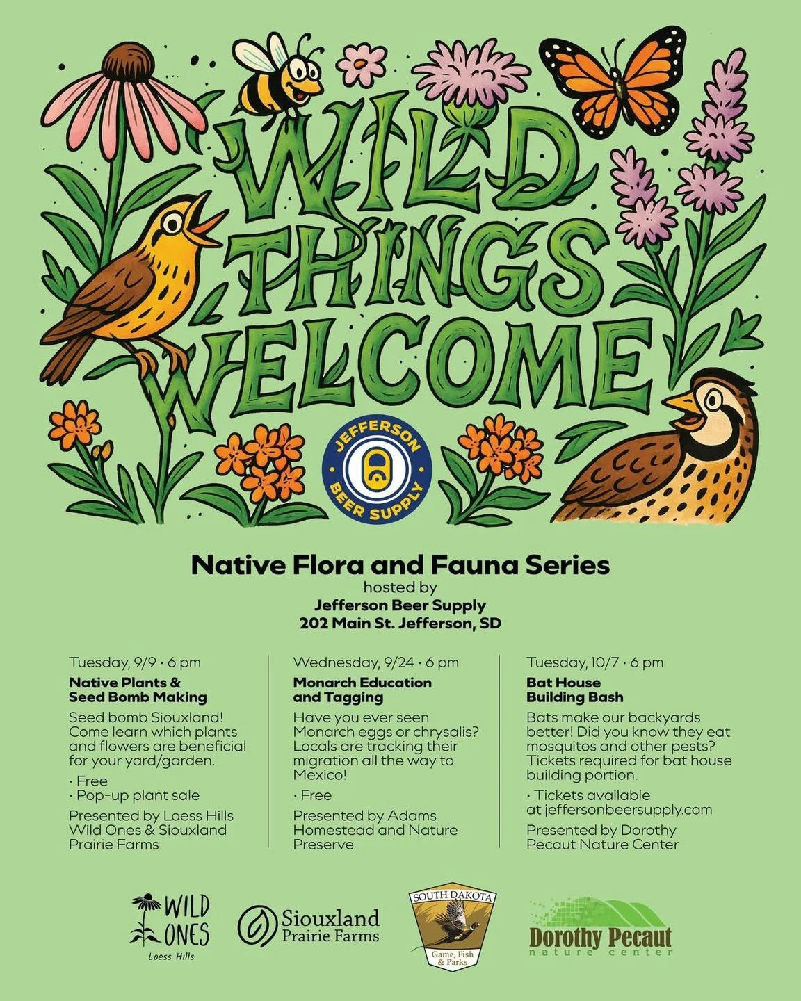 Tomorrow we head to Jefferson Beer Supply to help them kick off their Wild Things Welcome series!  Hope to see you there! Things kick off at 6pm. 

#siouxlandprairiefarms #jeffersonbeersupply #nativeplants #plantsale #polinators