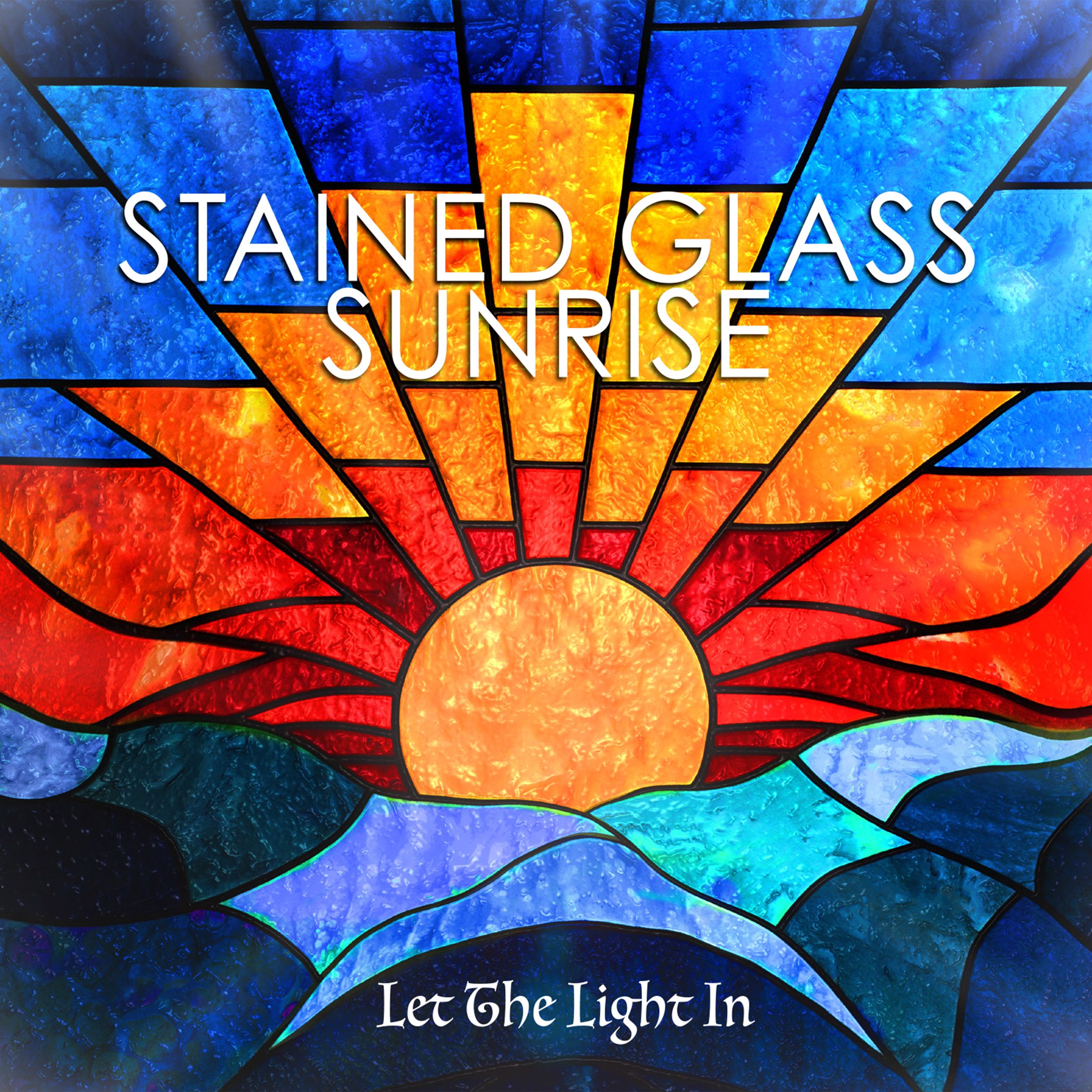 Stained glass artwork depicting a sunrise with a glowing sun emerging over blue ocean waves, vibrant orange and yellow rays extending across the sky, and a dark blue background. Text overlay reads "Stained Glass Sunrise" and "Let The Light In."