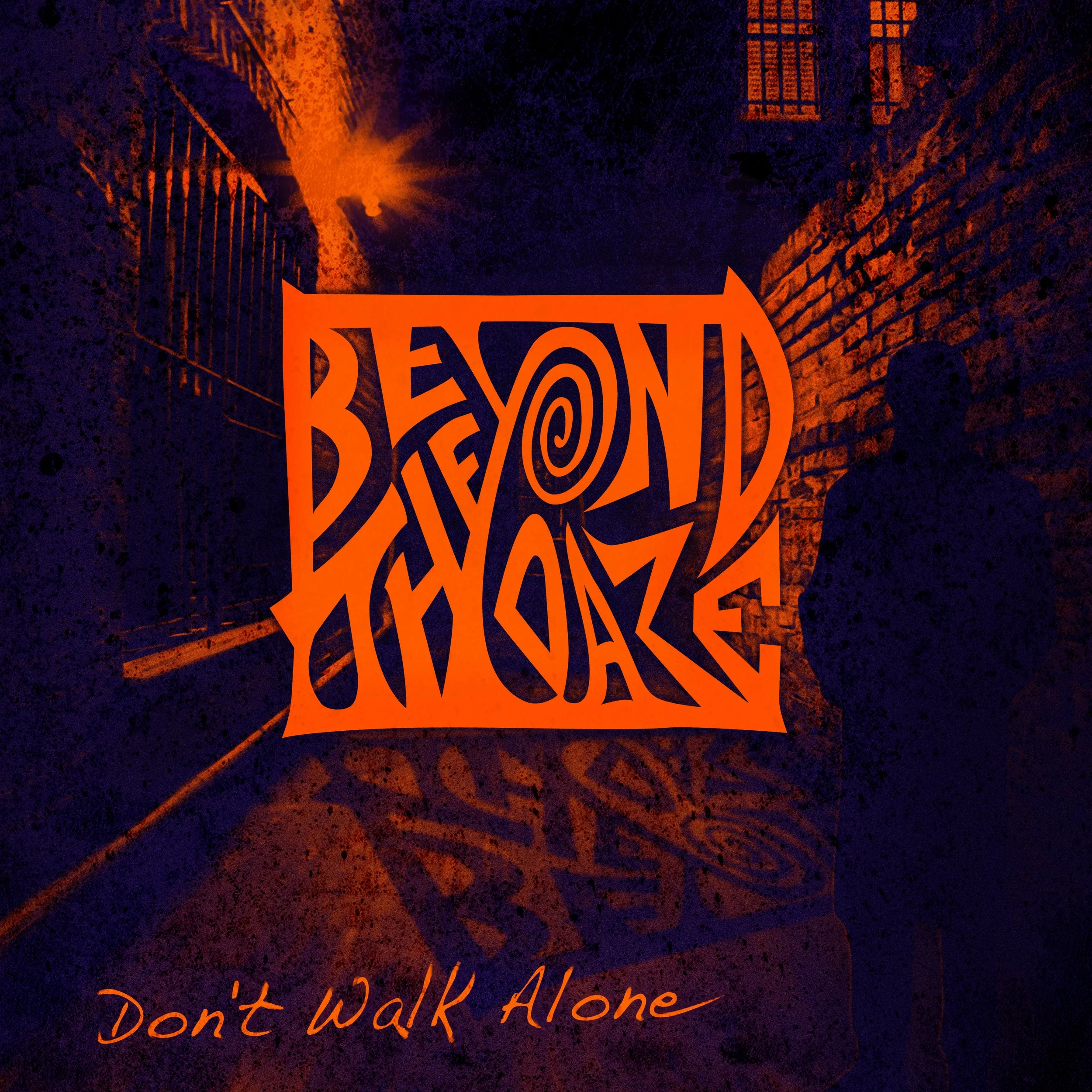 A dark alleyway with a person standing against a brick wall. The image has a psychedelic style with the words 'BEYOND THE VOID' in bold, swirling orange font in the center. The phrase 'Don't Walk Alone' is written in orange cursive at the bottom.