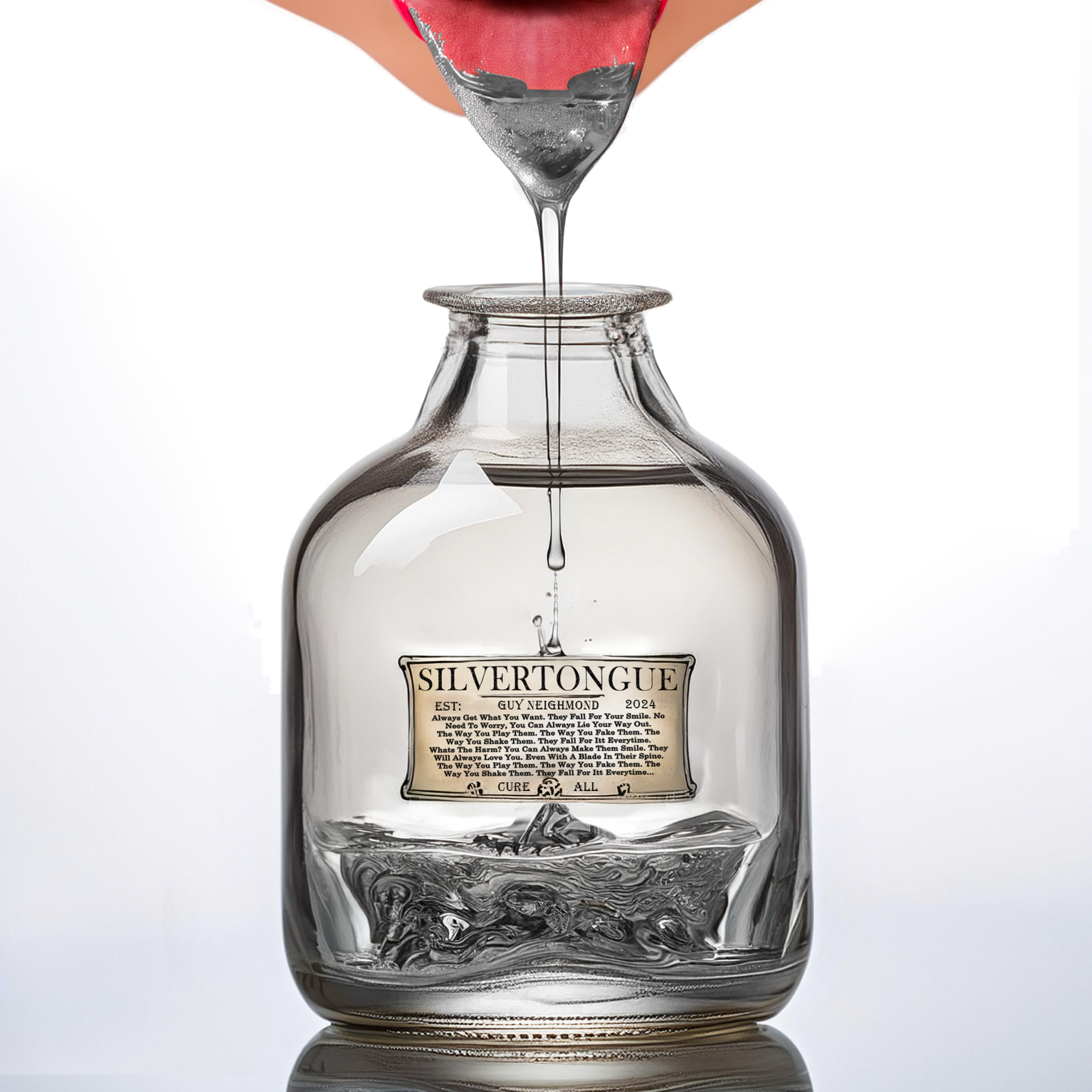 A glass bottle labeled 'SILVERTONGUE GUY NEIGHMOND 2024' with a tag that has text about love and healing. A metal spoon above it is pouring black liquid into the bottle, creating an artistic visual of liquid flowing into a transparent container again