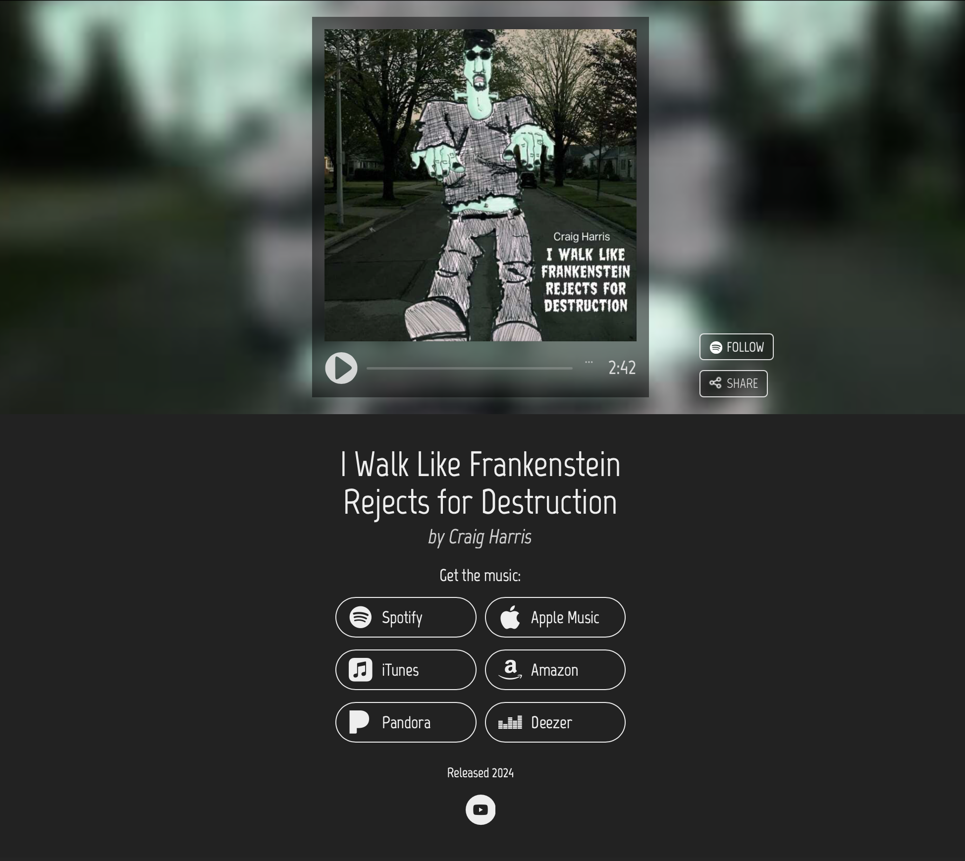 Music album cover art featuring a cartoonish illustration of Frankenstein standing on a suburban street with trees in the background, along with text promoting a song titled 'I Walk Like Frankenstein Rejects for Destruction' by Craig Harris.