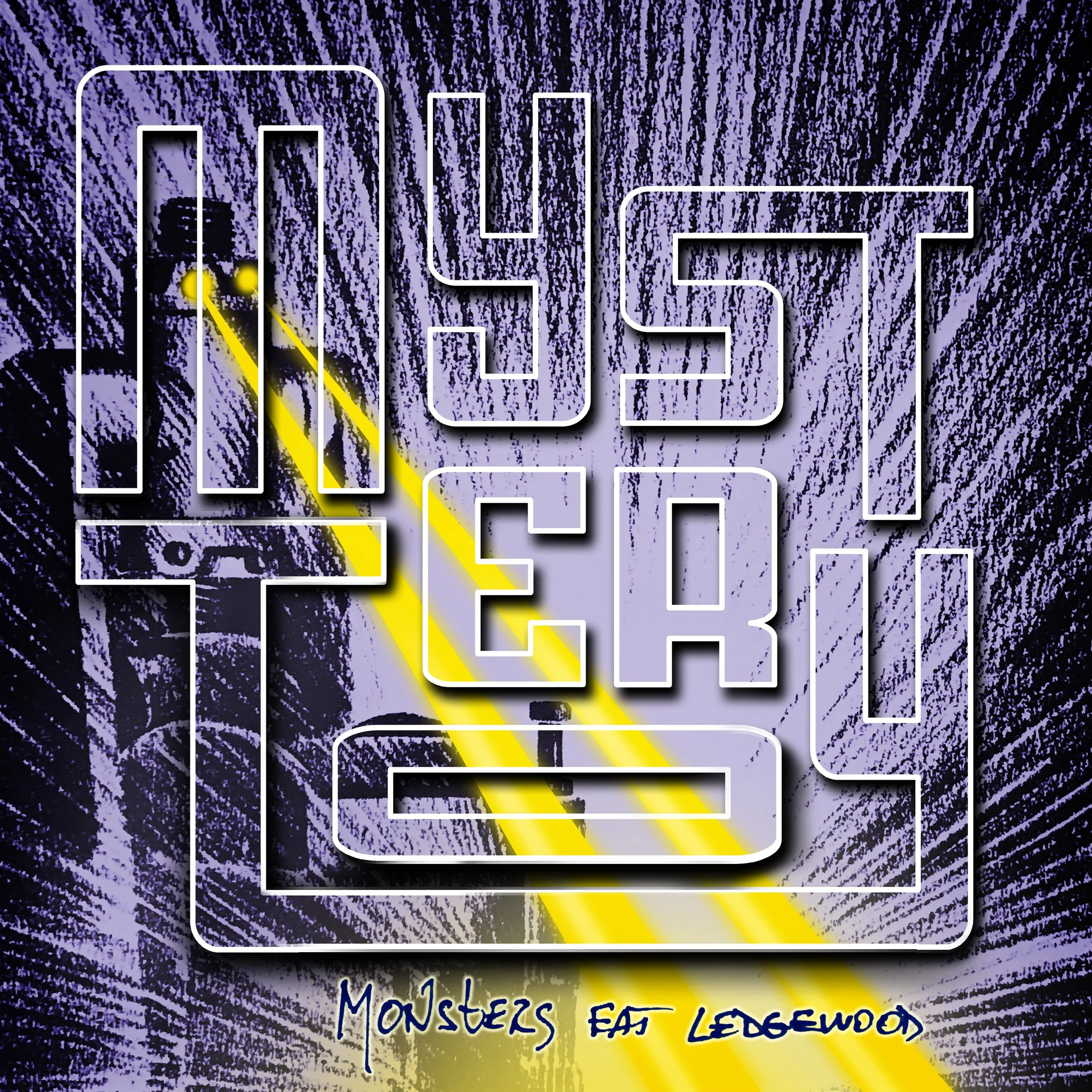 Neon sign that says 'House of the Dead' with a spooky background of a moonlit alley and a figure walking away, with the text 'Monsters Eat Ledgewood' at the bottom.