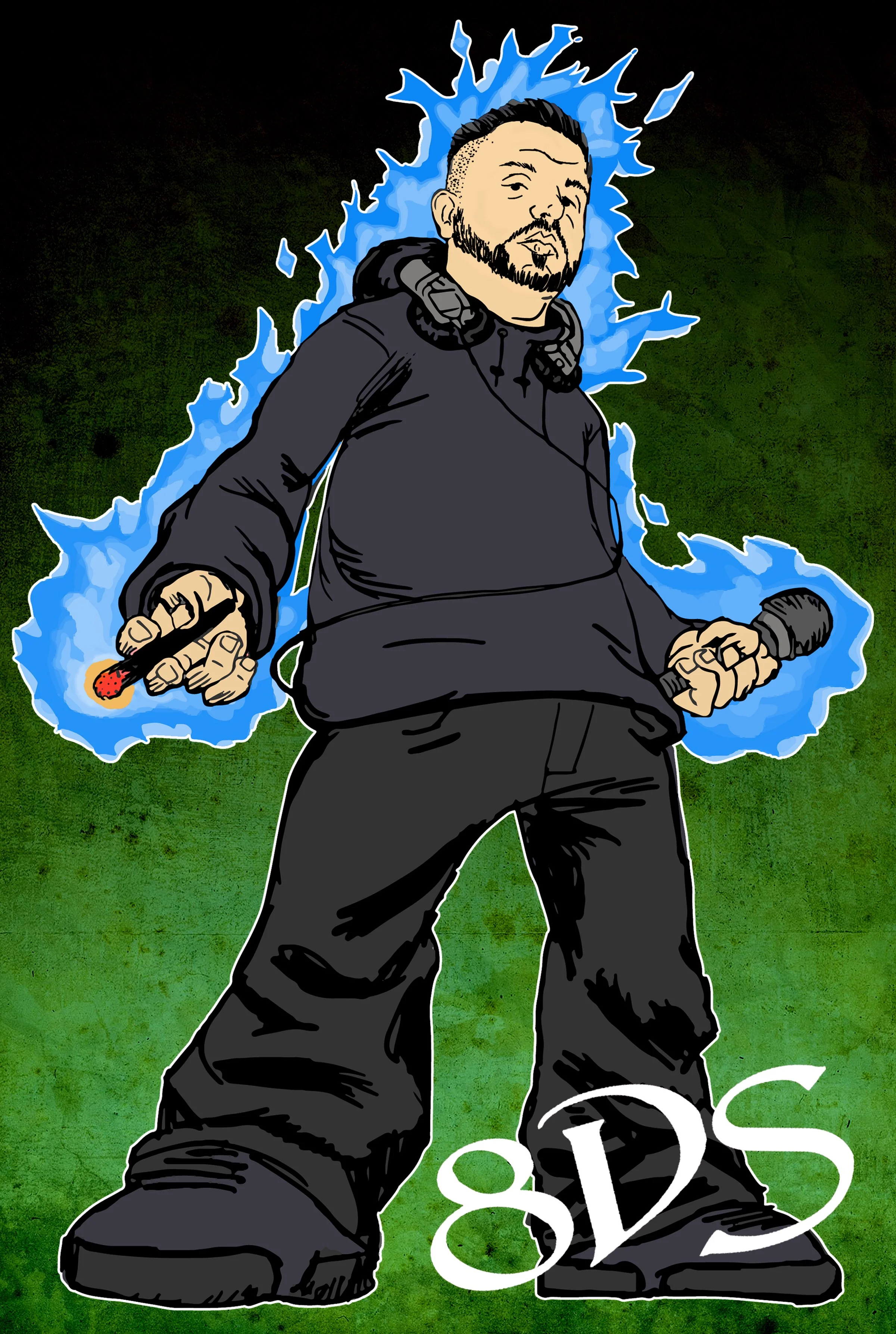 A digital illustration of a man in black athletic clothing holding a lit matchstick and a microphone, with an electric blue aura surrounding him against a green textured background. The word '8LDS' is written at the bottom of the image.