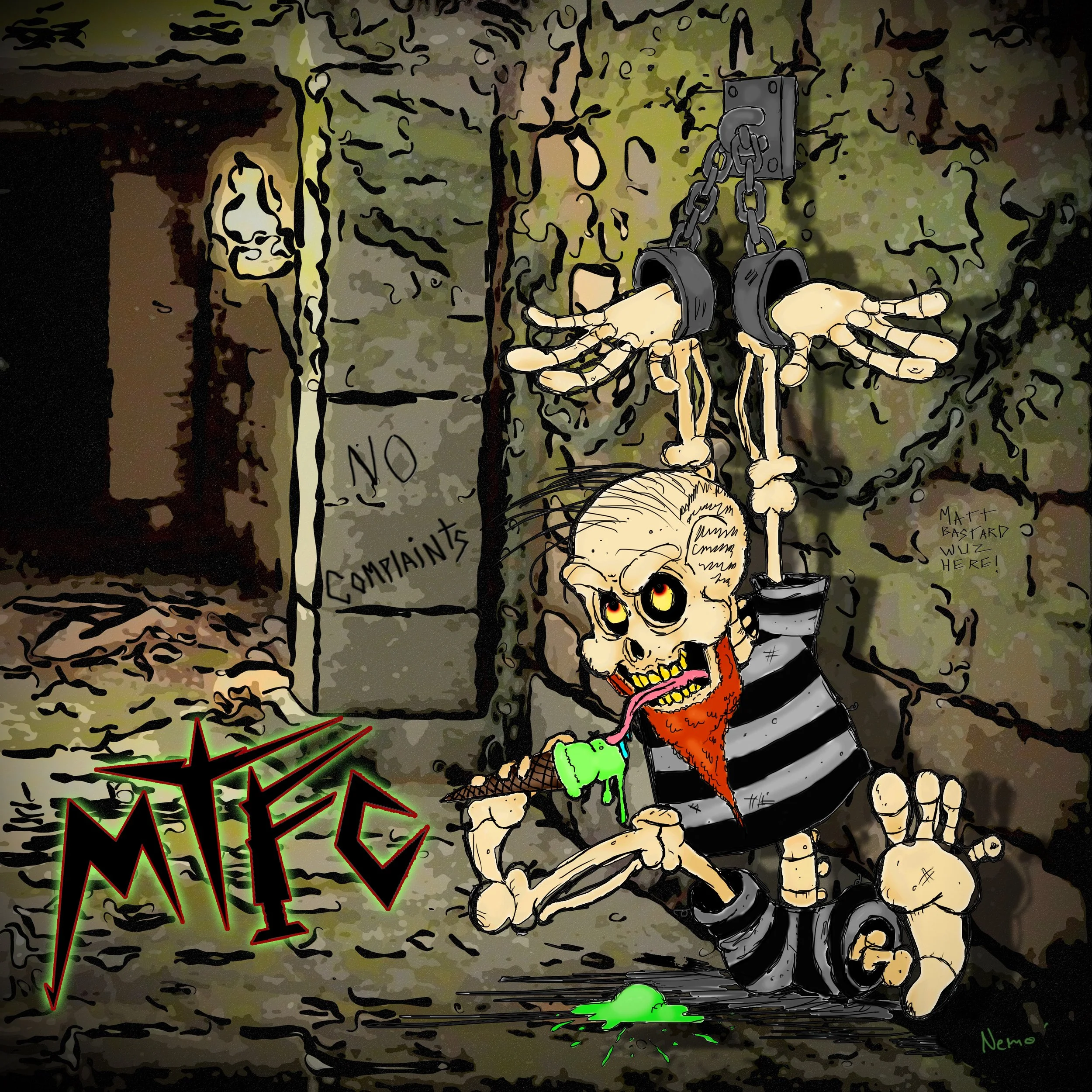 A cartoon skeleton with a red beard and striped prison uniform trapped in a dungeon. The skeleton is hanging upside down by chains, with its tongue hanging out and green slime dripping from its mouth. There are graffiti tags on the wall, including 'N