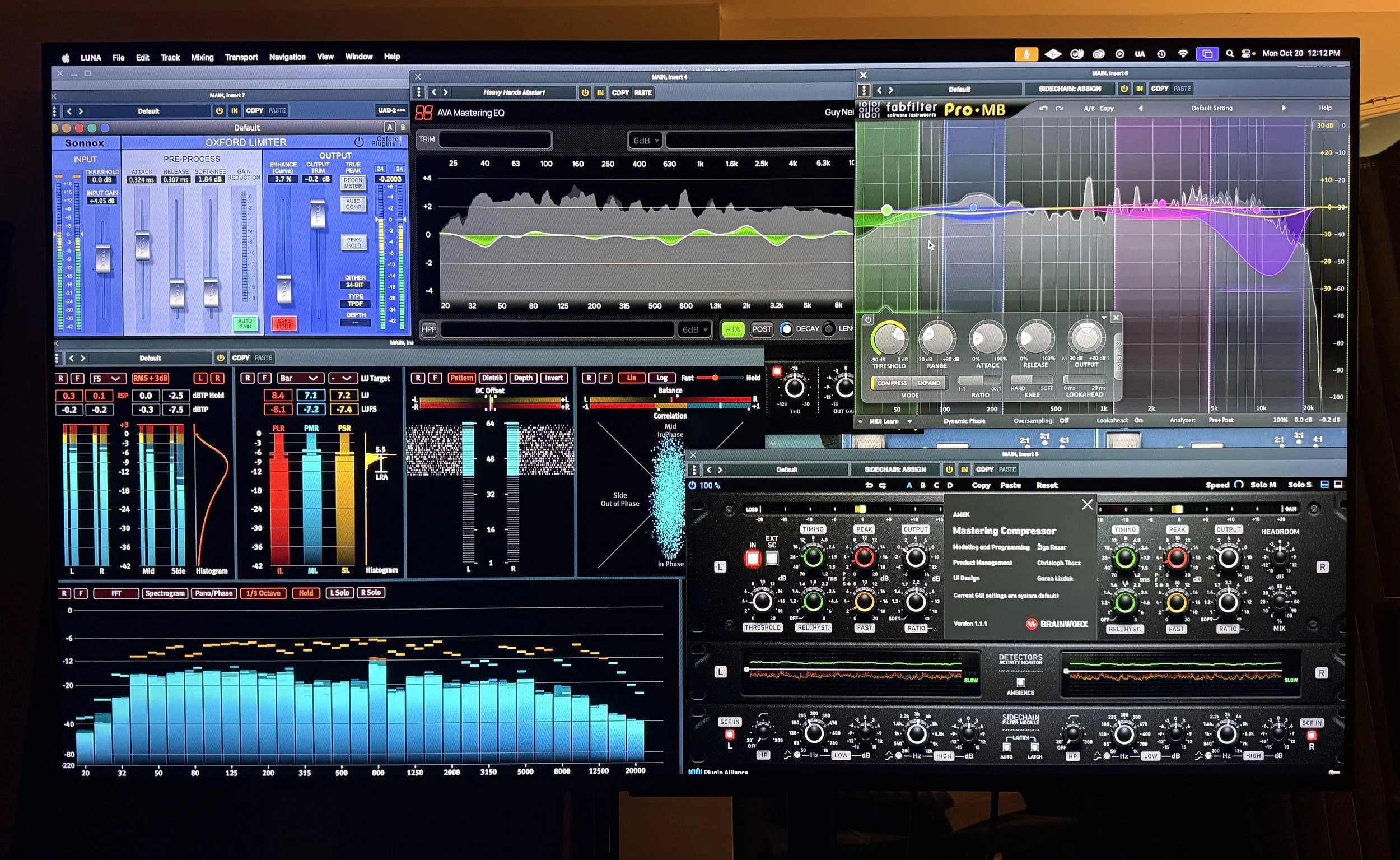 A computer screen displaying audio editing software with multiple EQ, compression, and sound analysis tools open.