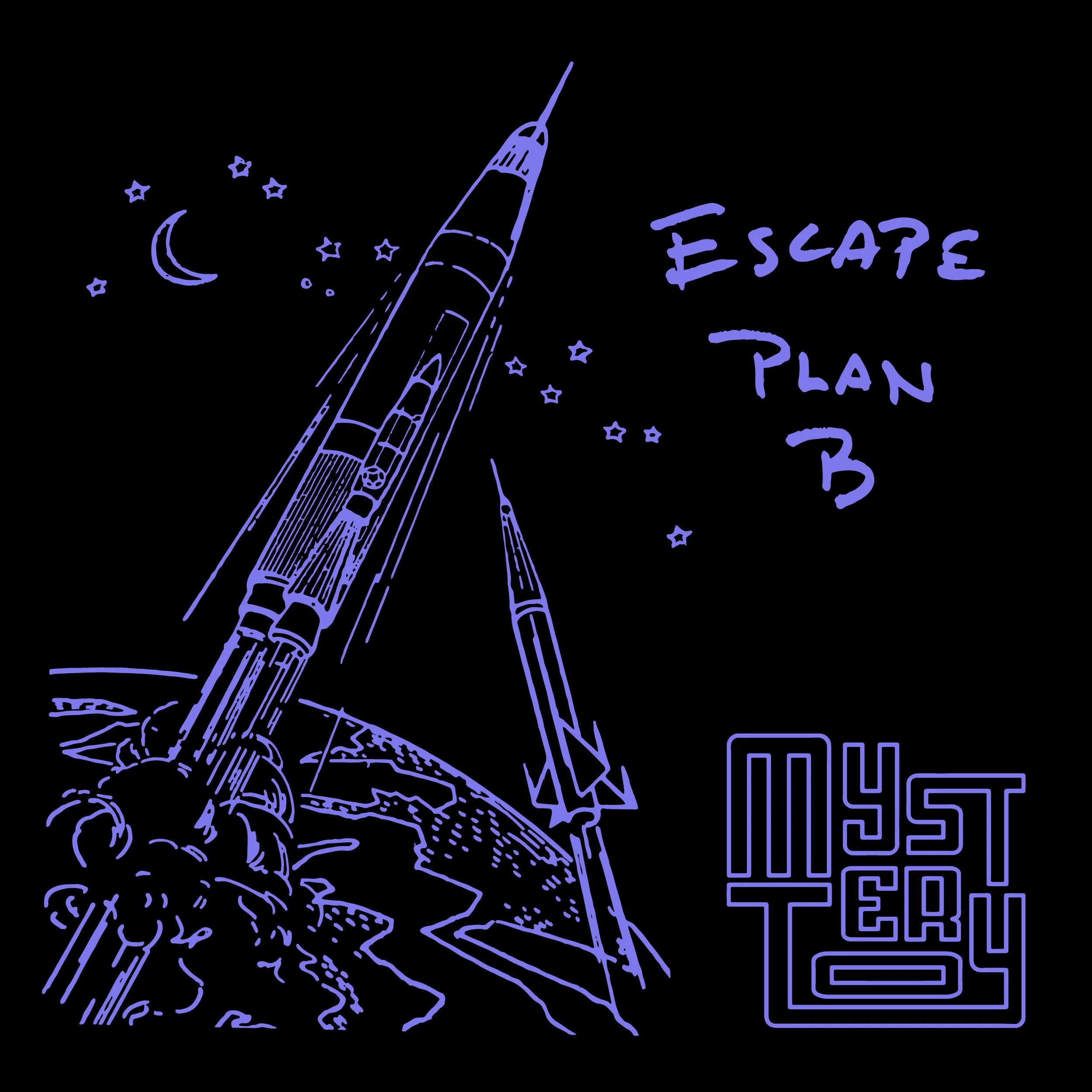 Illustration of a rocket taking off in space with stars and a crescent moon, labeled with "Escape Plan 3" and "Mystery".