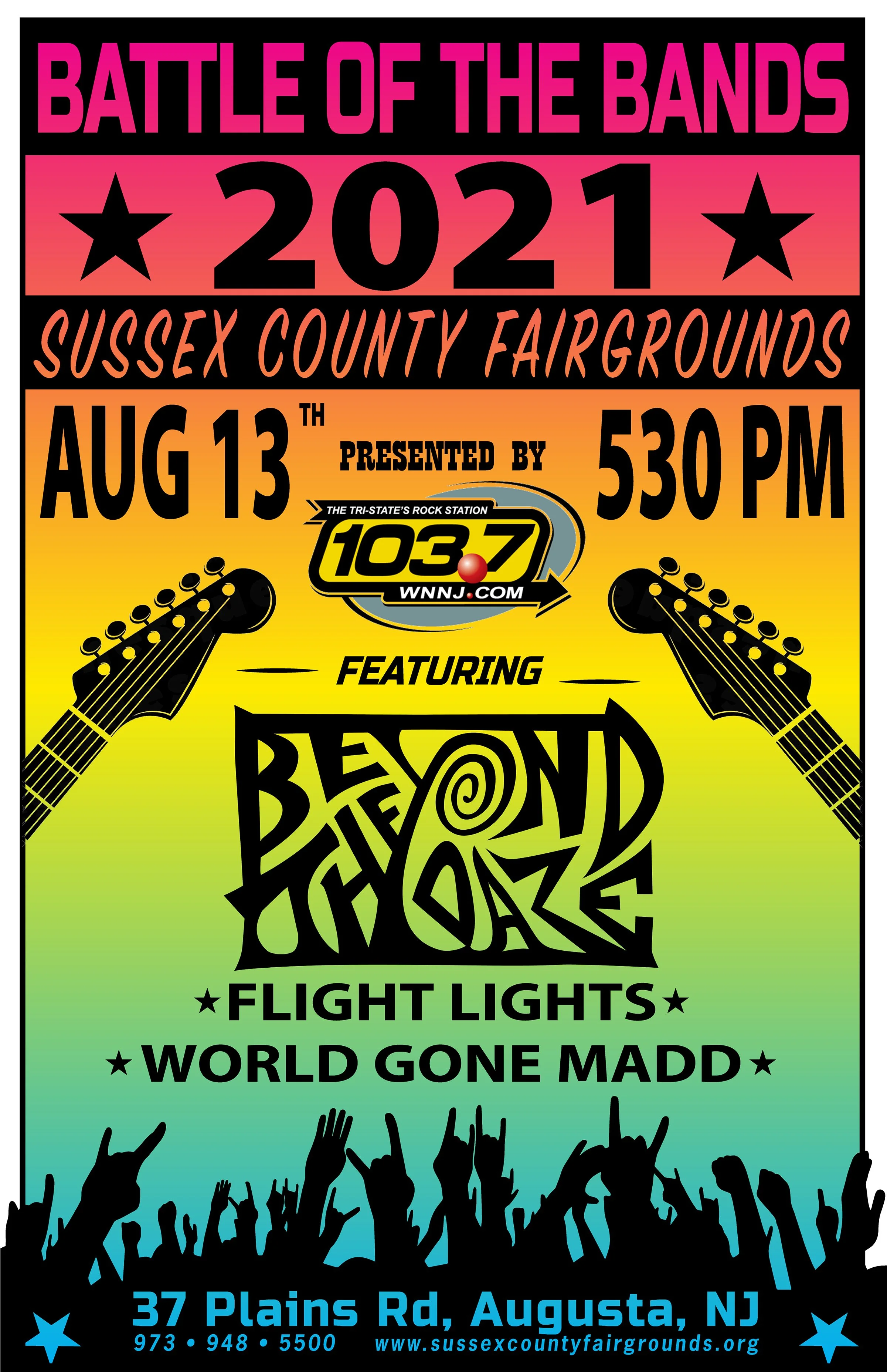 Poster for the Battle of the Bands event at Sussex County Fairgrounds on August 13, 2021, featuring Beyond the usual and Flight Lights, with a colorful gradient background, music-themed graphics, and crowd silhouettes at the bottom.