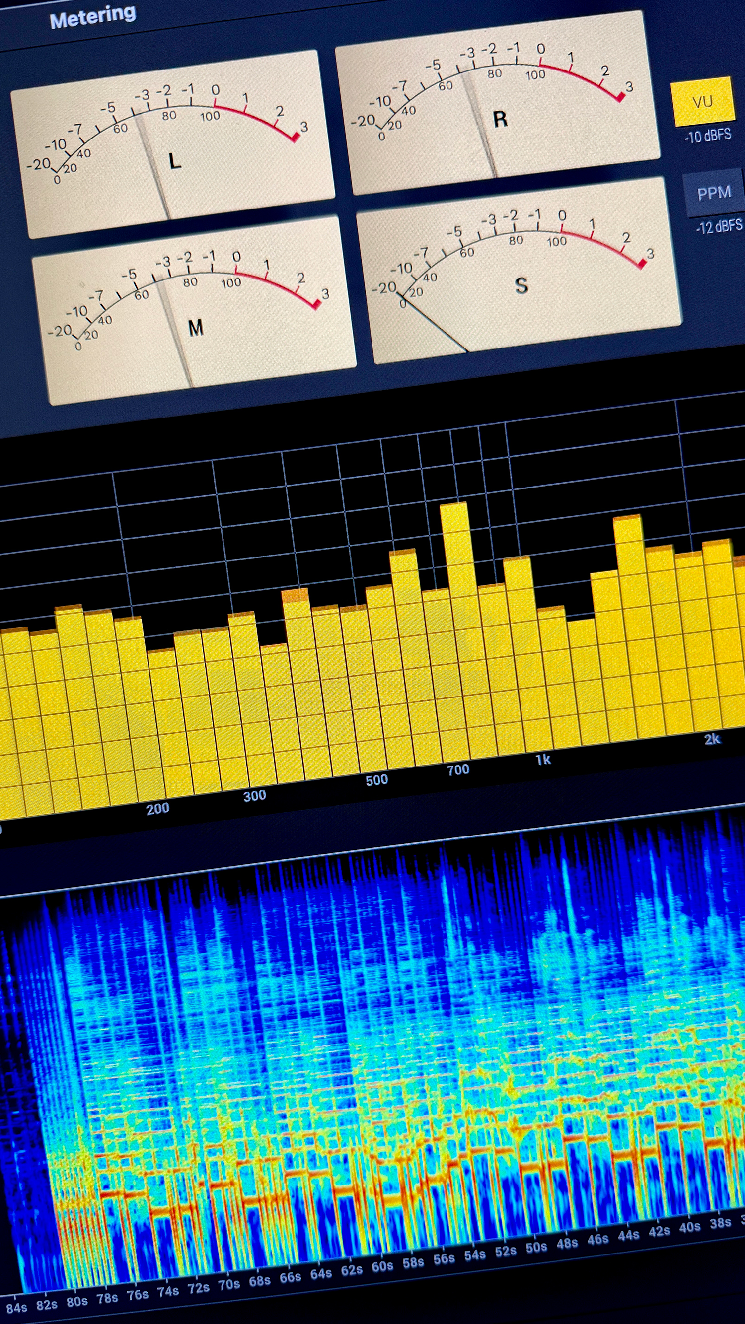 A monitor displays audio analysis data including four meters for left, right, mid, and side channels, with labels VU and PPM. Below are visual representations: a yellow bar graph, and a colorful spectrogram showing frequency over time.