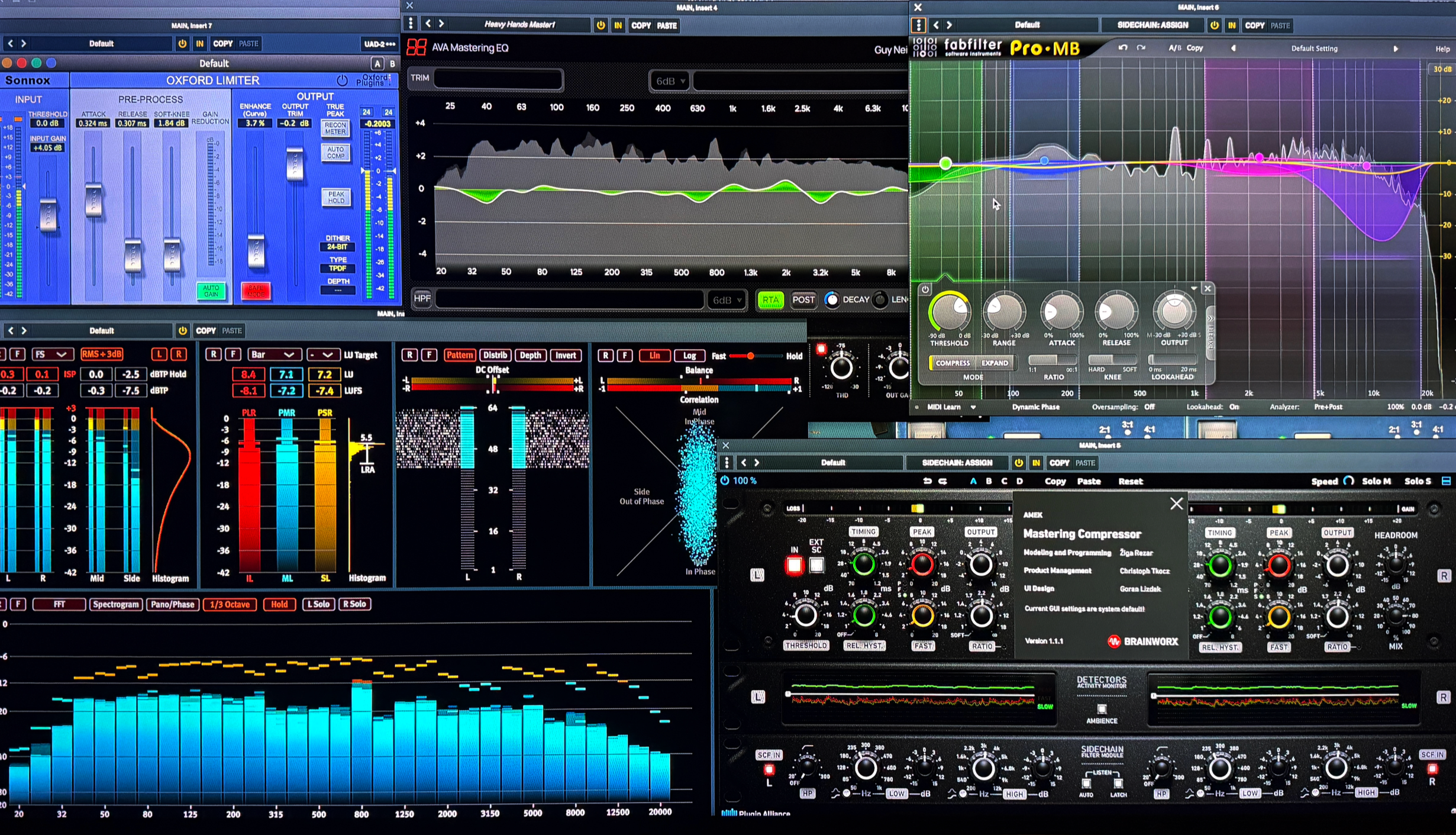 A digital audio workstation screen displaying various audio mixing, mastering, and equalization plugins with colorful graphs, sliders, and meters.