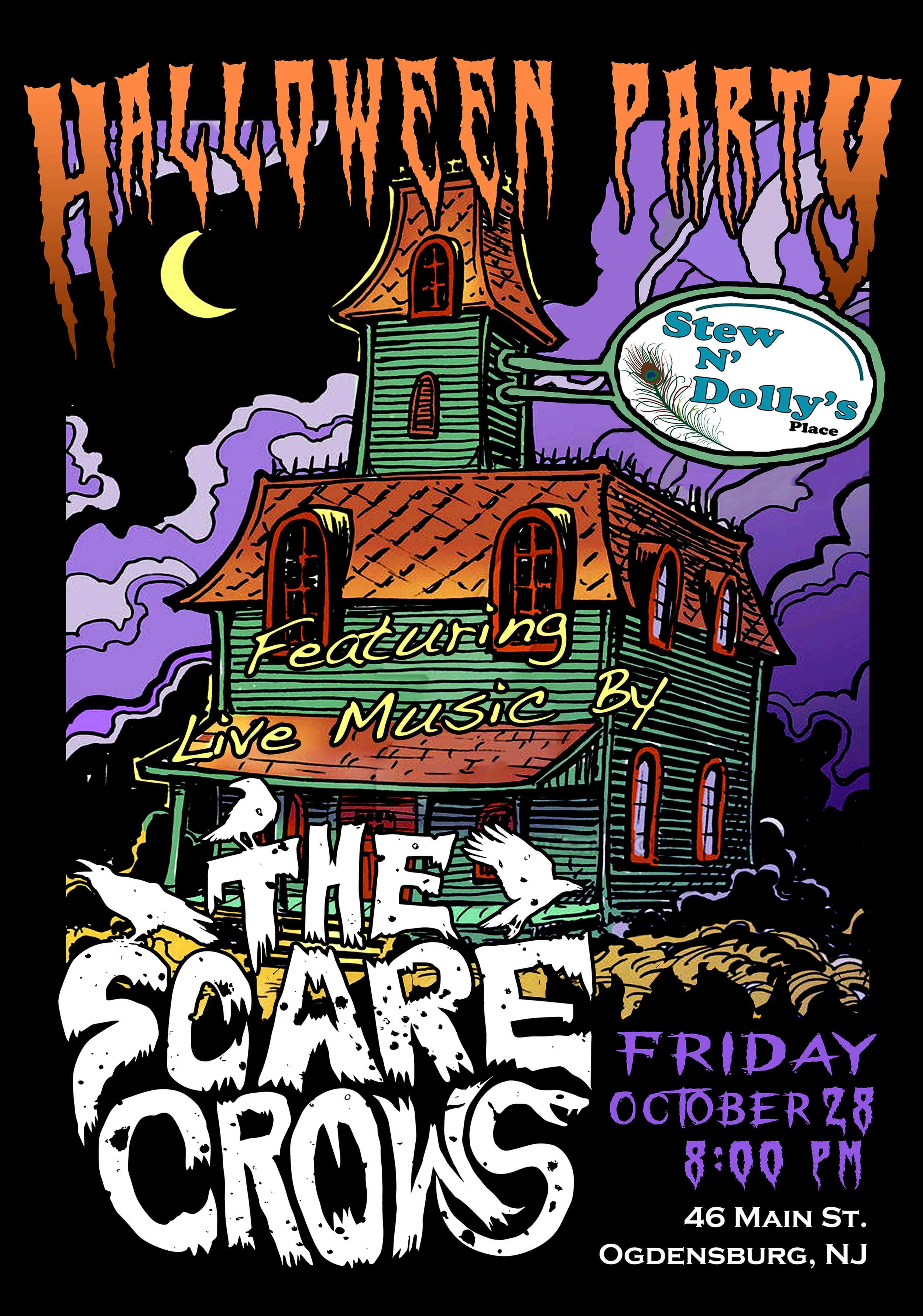 A Halloween-themed event poster featuring a spooky haunted house, a crescent moon, and bats, advertising a live music event called The Soare Crops at Stew N' Dolly's Place on October 28 at 8:00 PM in Ogdensburg, NJ.