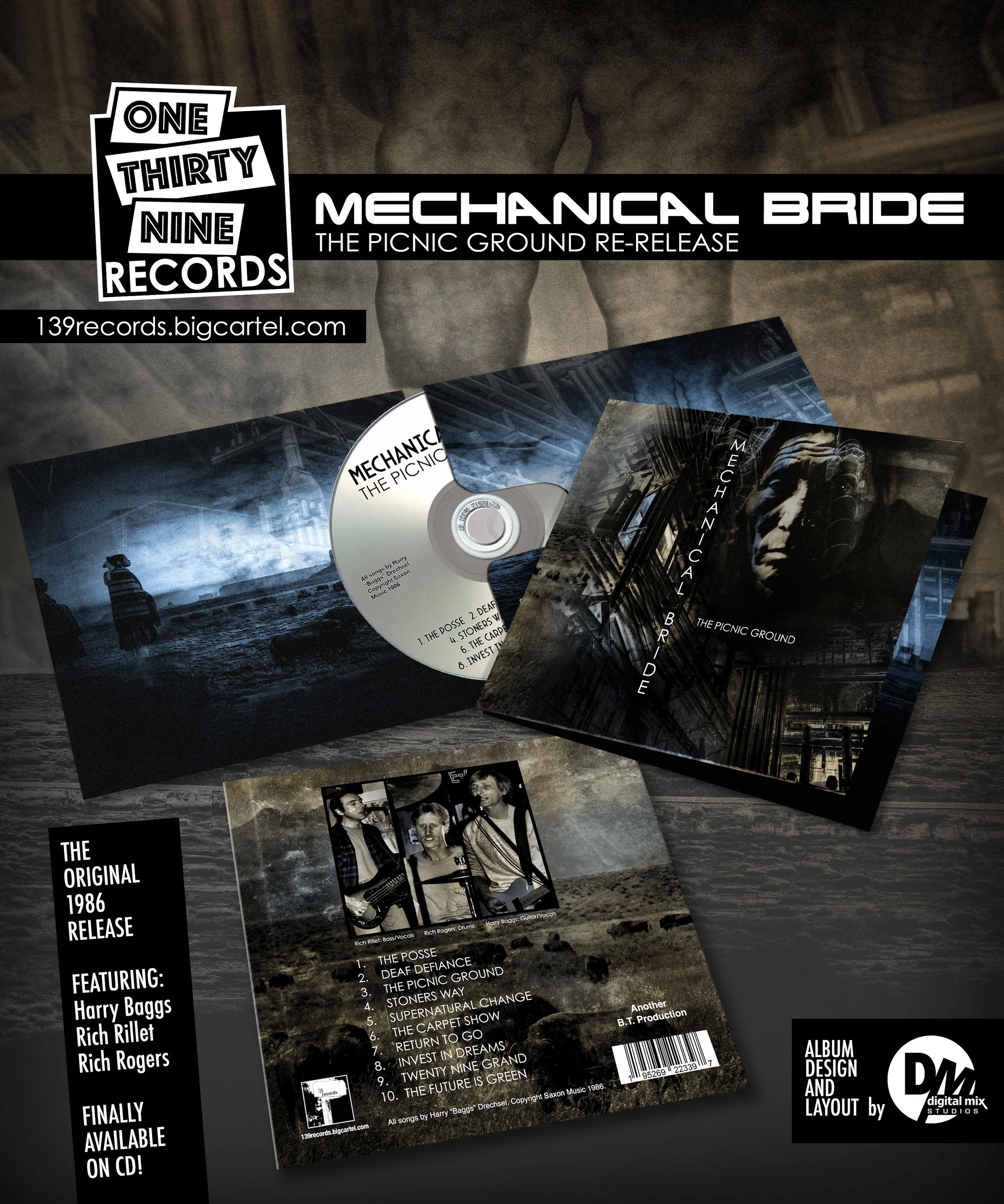 An album cover display for Mechanical Bride's 'The Picnic Ground Re-Release' featuring a CD, album cover art, and tracklist, with promotional text for the original 1986 release from 139 Records.