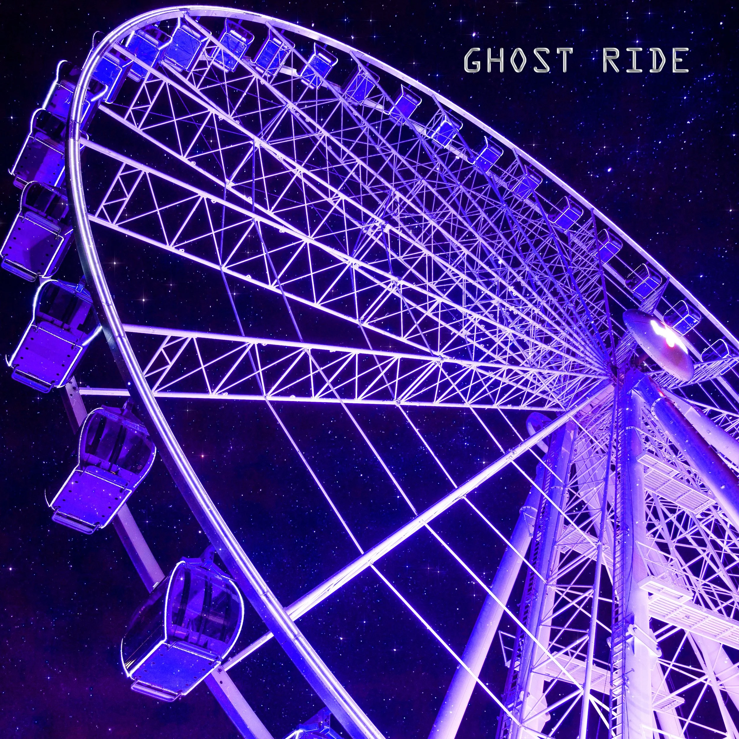 A bright purple illuminated Ferris wheel against a starry night sky with the text 'GHOST RIDE' in the upper right corner.