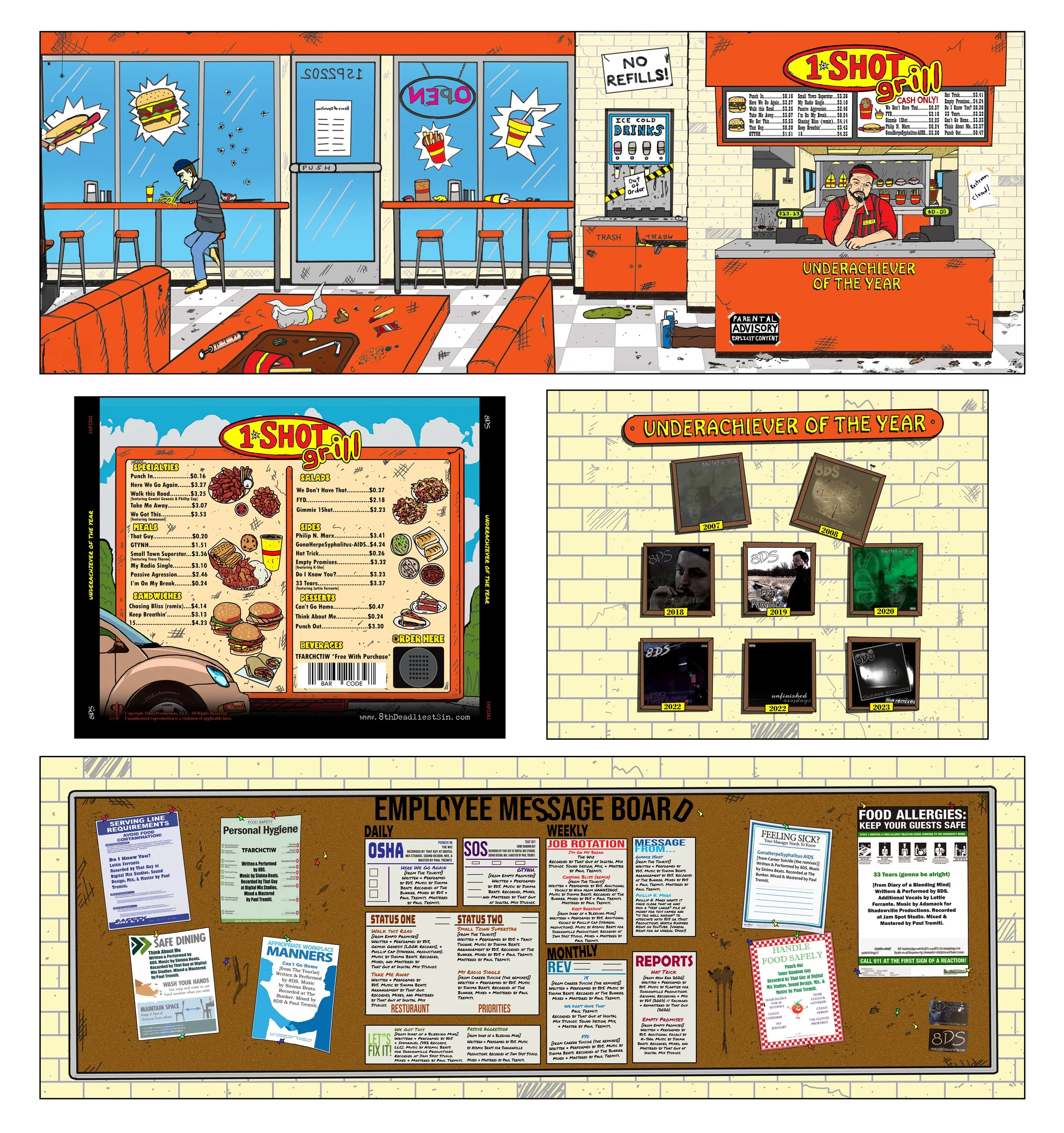Three comic-style illustrations of a fast-food restaurant and its employees. The first scene shows the interior of the restaurant with a customer at the counter, a messy table, and a worker behind the counter. The second scene displays a menu board w