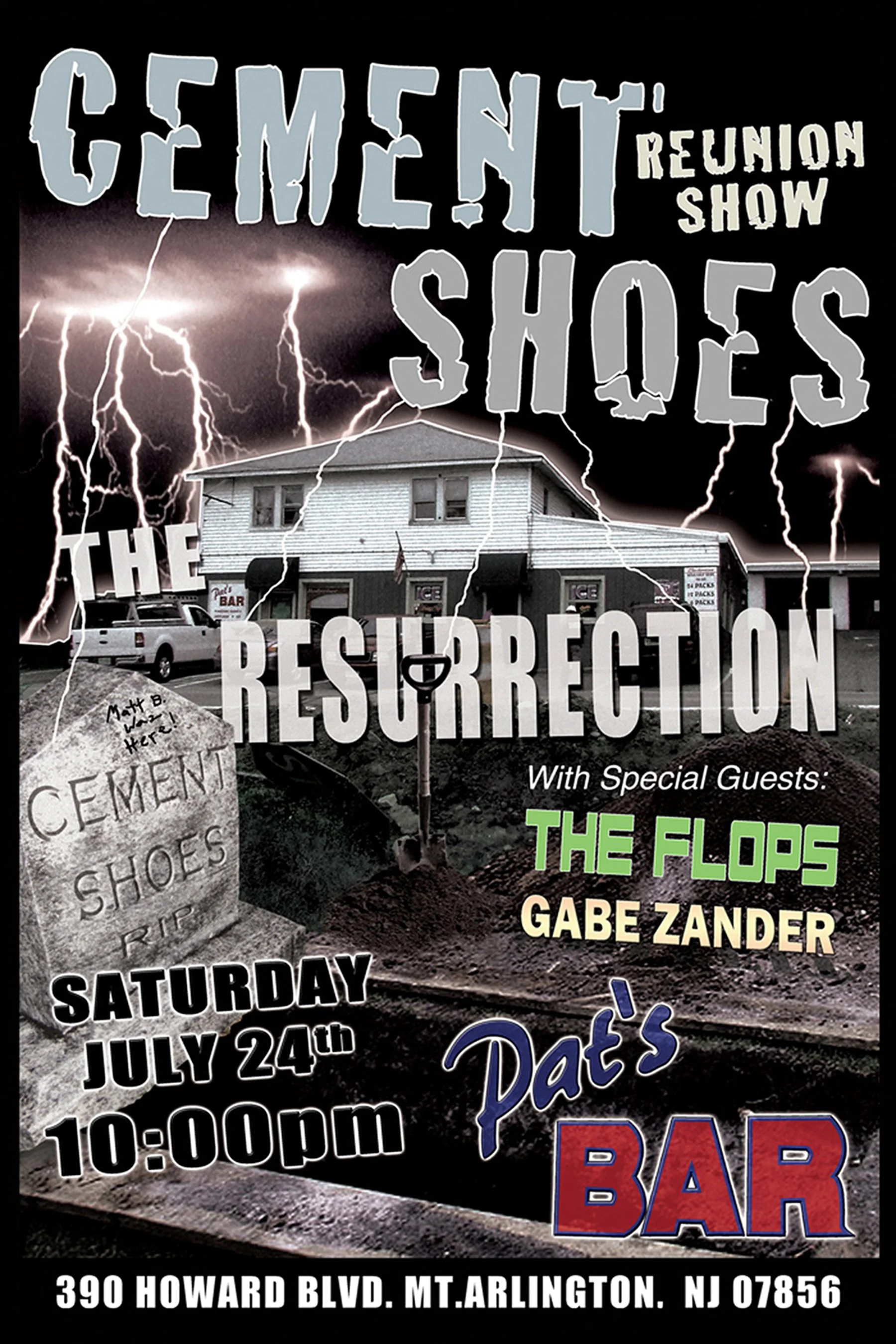 A promotional poster for a reunion show called 'Gement Shoes, The Resurrection.' The event features The Flops and Gabe Zander, scheduled for Saturday, July 24th at 10:00 pm at Dafe's Bar, 390 Howard Blvd, Mt. Arlington, NJ 07856. The poster has a dar
