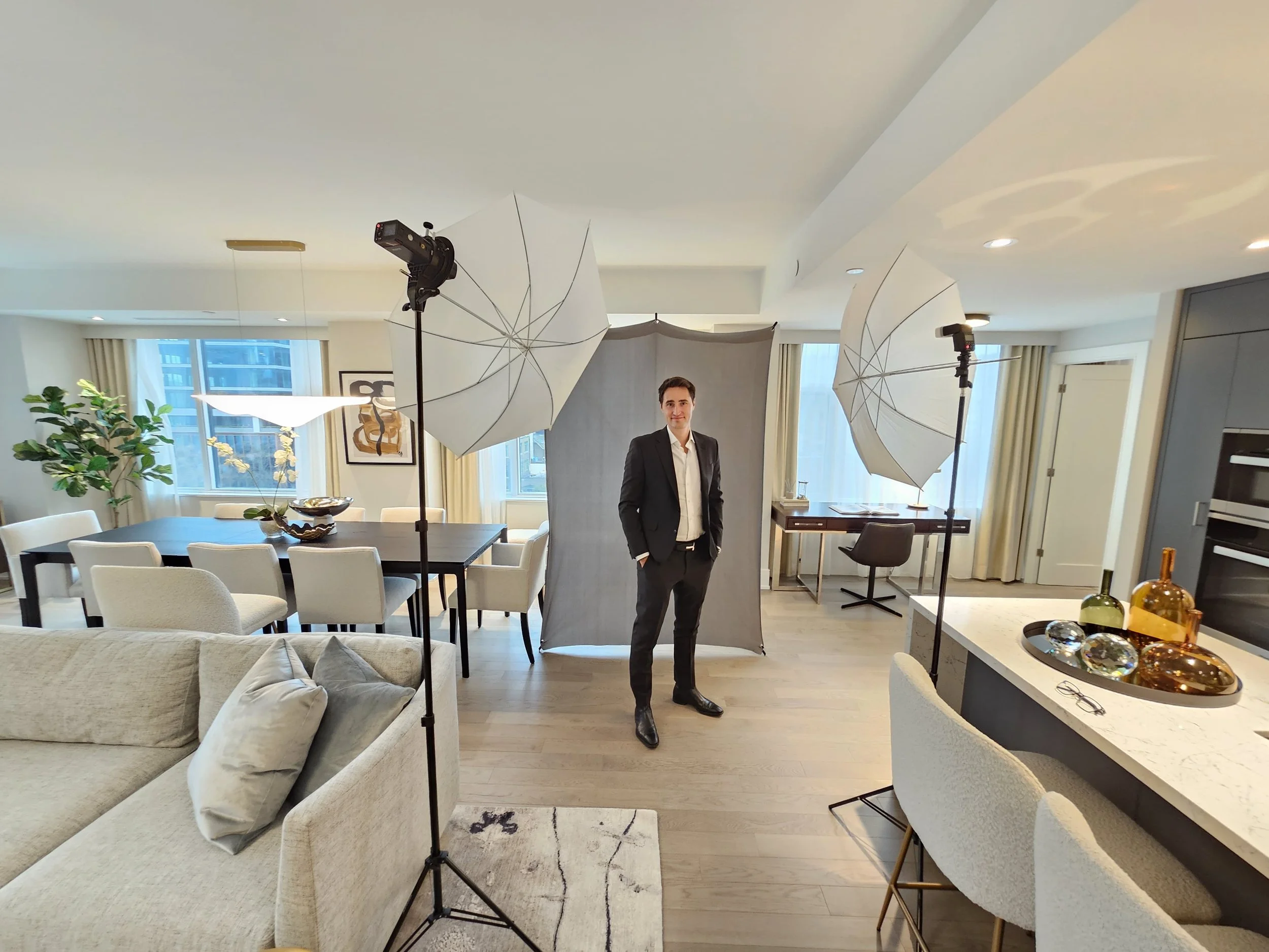 Compact mobile studio with backdrop and portrait lighting
