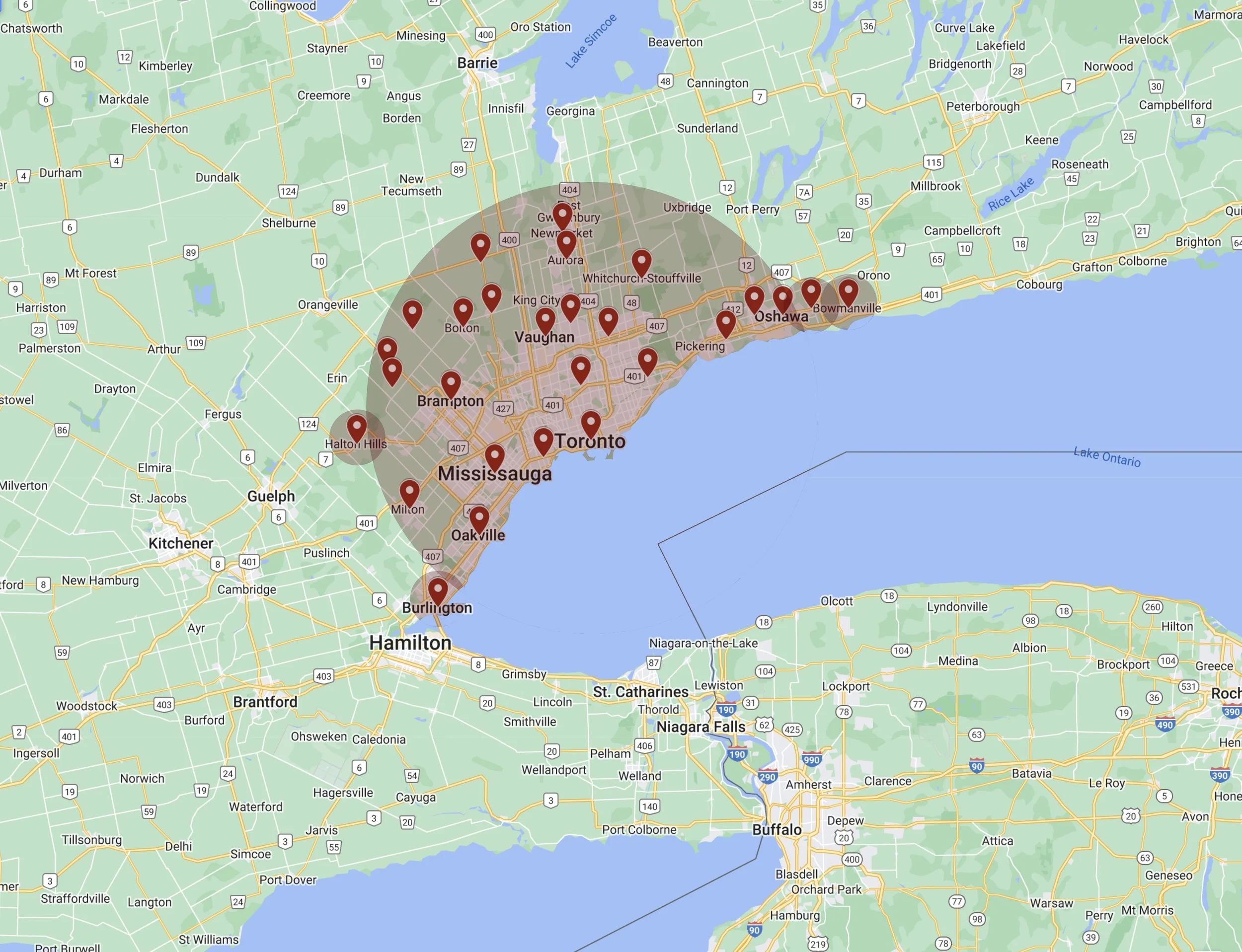 Map of Wide & Bright’s real estate photography service area across Toronto and the GTA, including Toronto, York Region, Peel Region, Halton Region, and Durham Region