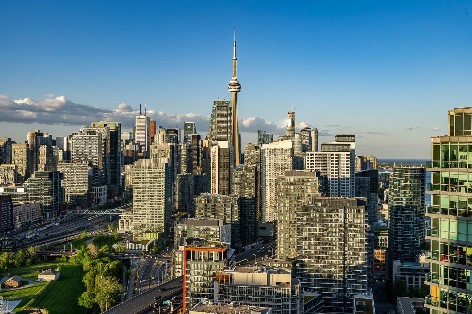 Downtown Toronto skyline with CN Tower at sunset