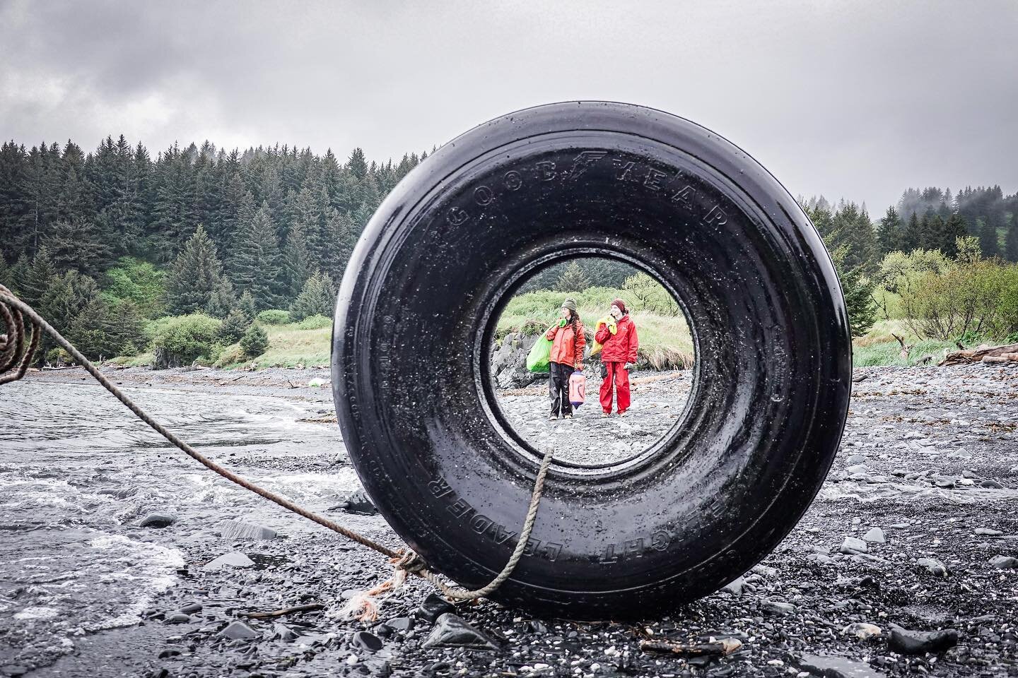 Sometimes life needs a little reframing. This giant Goodyear tire was found on a remote beach in Alaska. Although it weighed close to 300lb it must have floated all the way here from when it fell off a ship, or dock or into a River. It took our whole