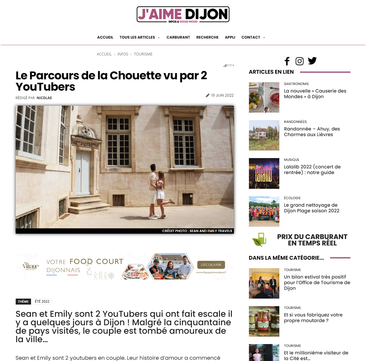 Screenshot of an article from J'aime Dijon featuring two YouTubers exploring Dijon. The article includes a photo of a couple in a courtyard and links to related content about tourism and events in Dijon.