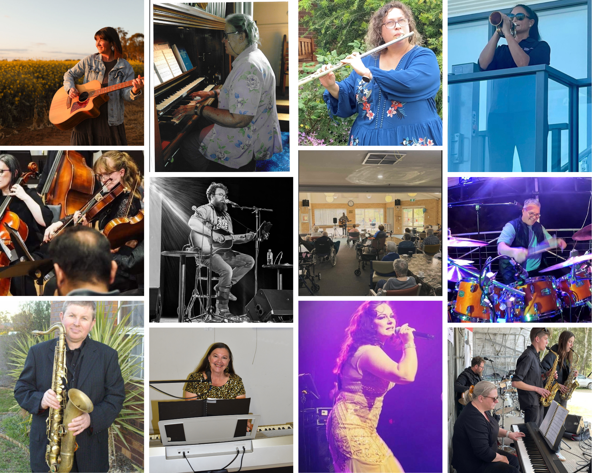 A collage of images of the tutors who teach at Young Regional Conservatorium performing