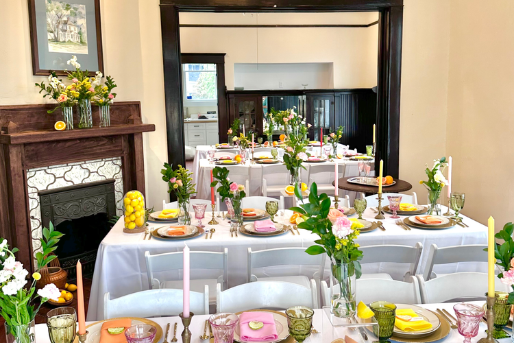Shower brunch table set inside The Sapp House