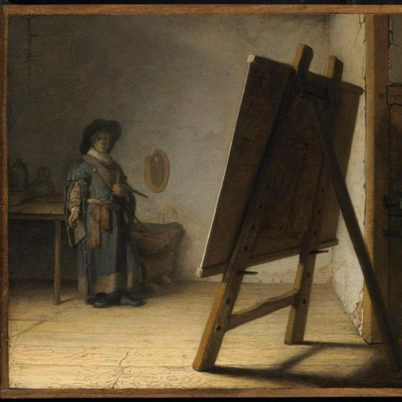 A young artist stands in a nearly empty studio, brushes in hand. Rather than showing the artist in the act of creation, Rembrandt focuses on the daunting expectations of the surface to be painted. 

This little picture asserts that making art is as i