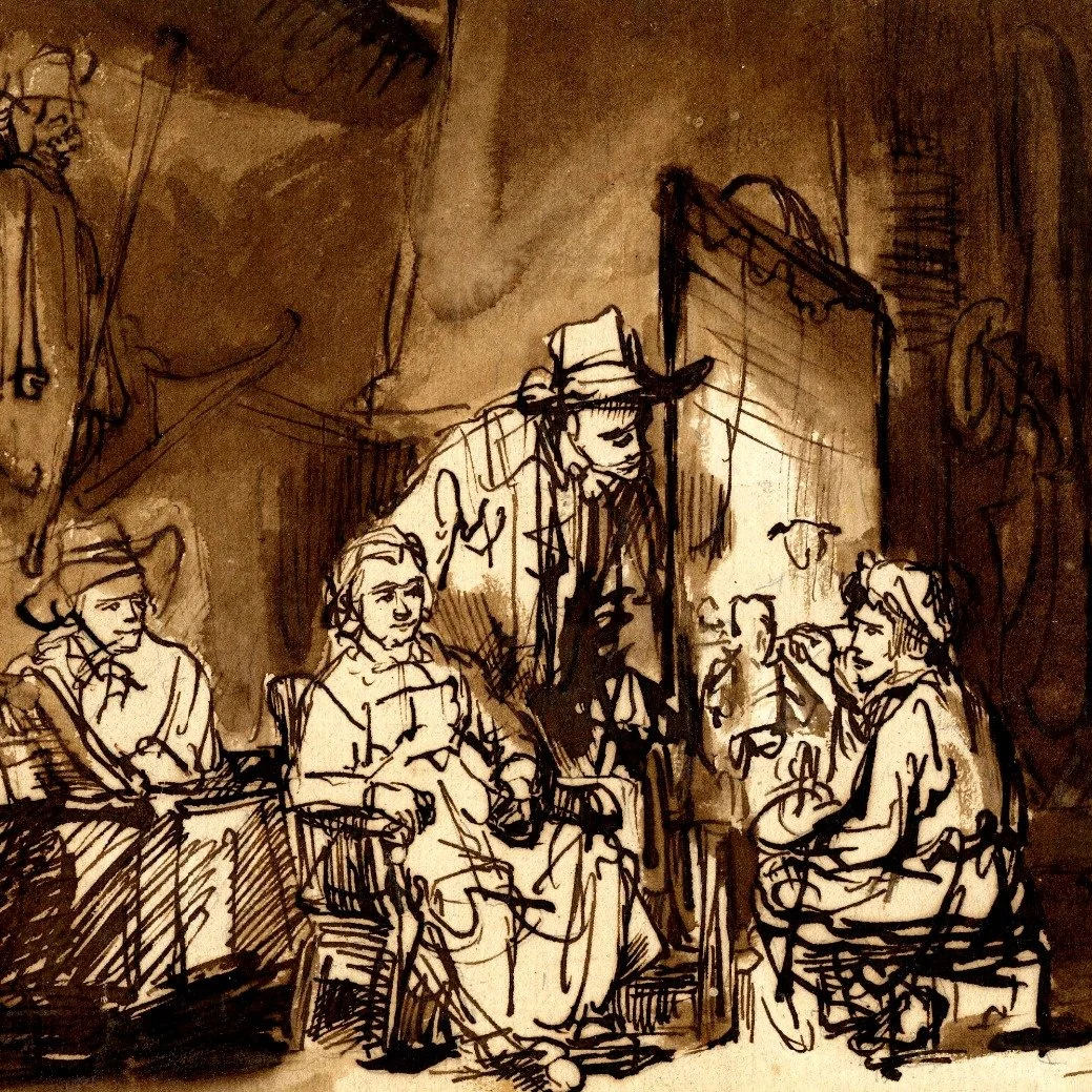 A studio with an artist painting a double portrait. A young woman seated in an armchair at left, a man with a wide-brimmed hat standing behind, watches the artist at work. A studio assistant or an apprentice wearing a hat is seated, drawing at a tabl