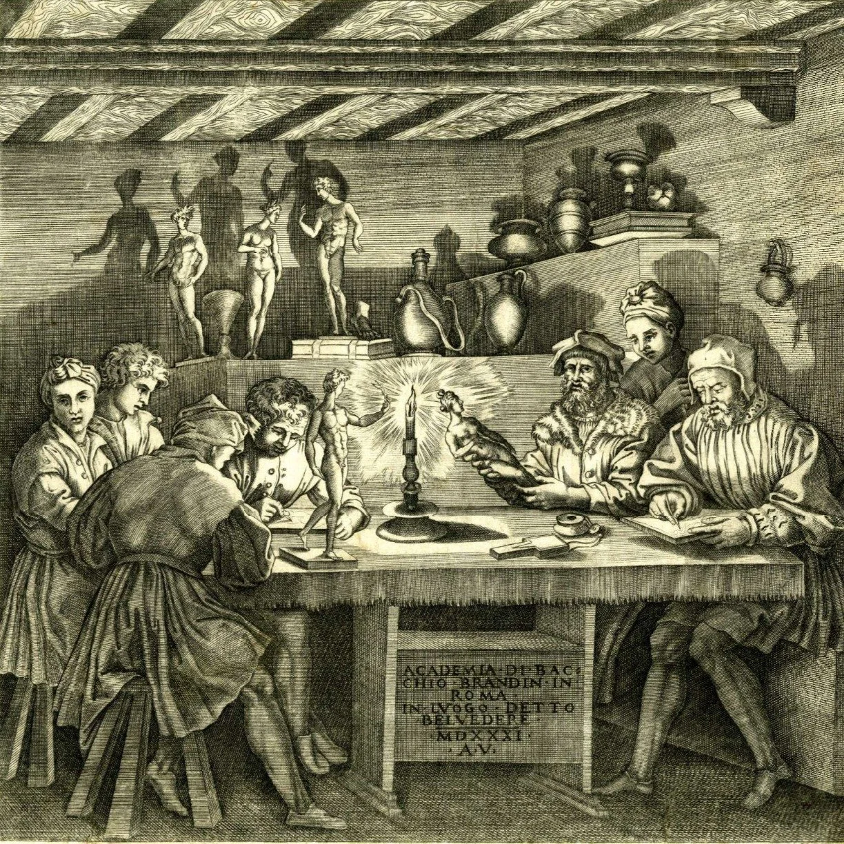 Baccio Bandinelli sits in his studio holding a statuette of Venus. Six of his students sketch from a model of Apollo by candlelight.

🎨 Artists: Print made by: Agostino Veneziano, after: Baccio Bandinelli
🖼️ Title: Baccio Bandinelli Academy 
🕰️ Da