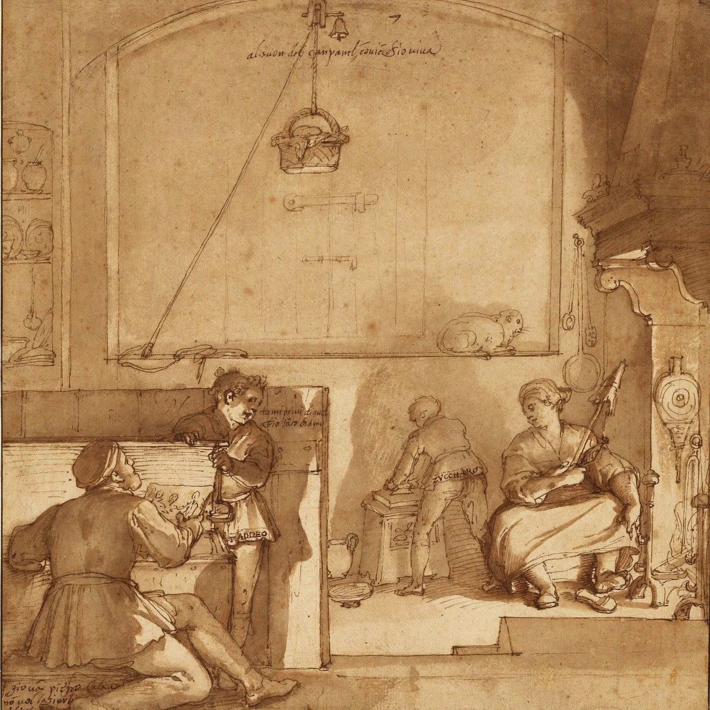 A young artist in training in 16th-century Rome. 

A young Taddeo Zuccaro is grinding colours while his employer's wife looks over her shoulder to check what he is doing. To prevent Taddeo from having bread, his employer, painter Calabrese, kept it i